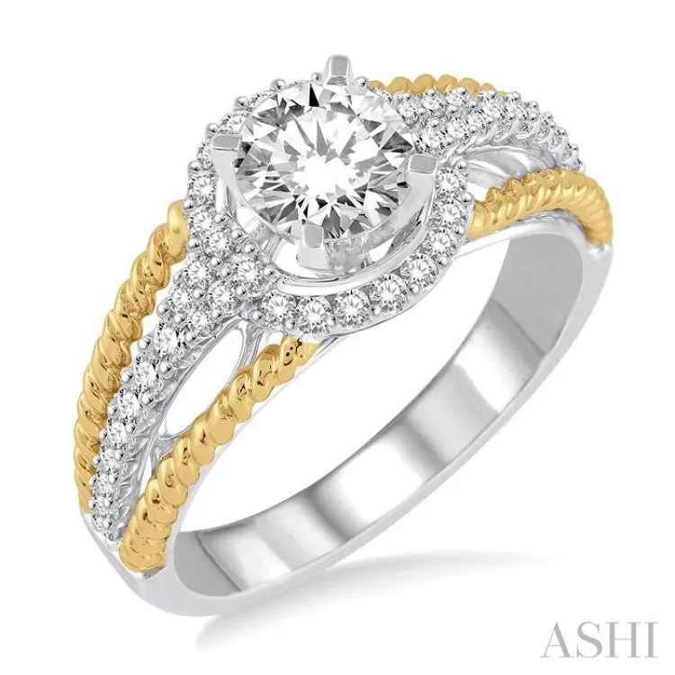 1 1/10 Ctw Diamond Engagement Ring with 3/4 Ct Round Cut Center Stone in 14K White and Yellow Gold