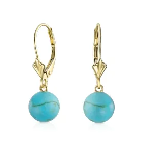 14K Gold Jade Turquoise Gemstones Round Bead Dangle Ball Drop Earring