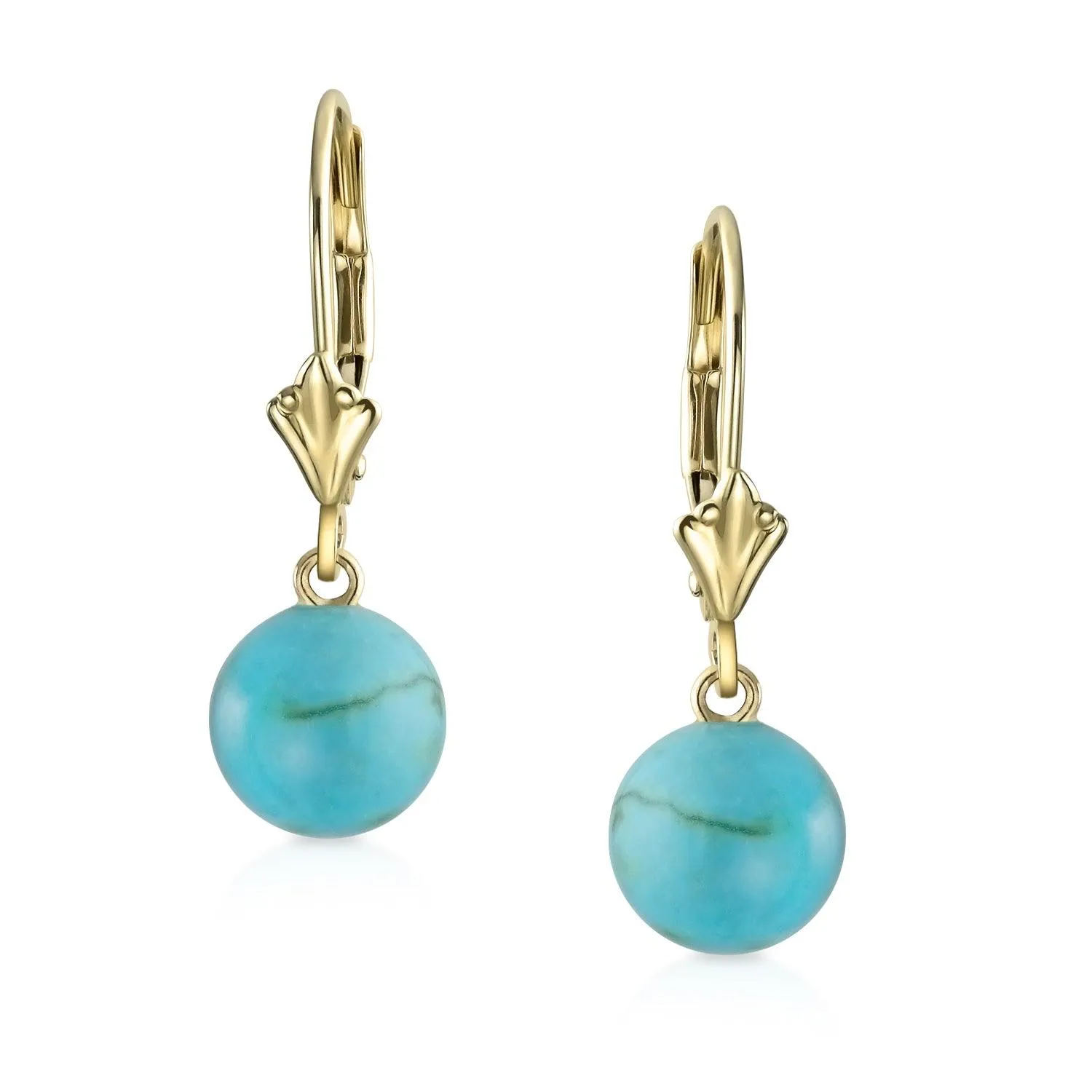 14K Gold Jade Turquoise Gemstones Round Bead Dangle Ball Drop Earring