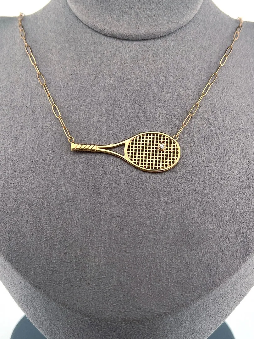 1.5" Gold Racket   Diamond Tennis Ball Necklace