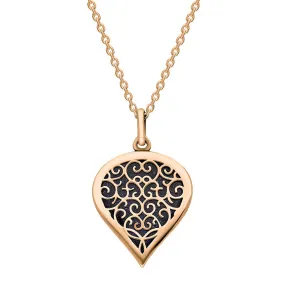 18ct Rose Gold Blue Goldstone Flore Filigree Medium Heart Necklace