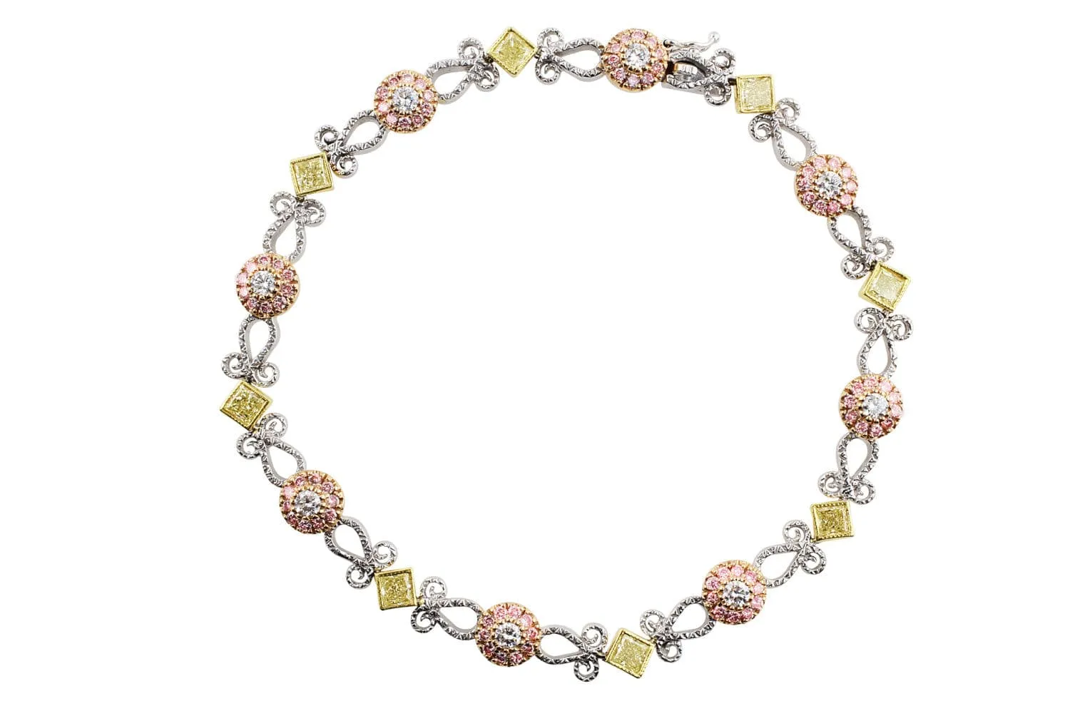 18k White Gold 4.23ctw Pink and Yellow Diamond Filigree Bracelet