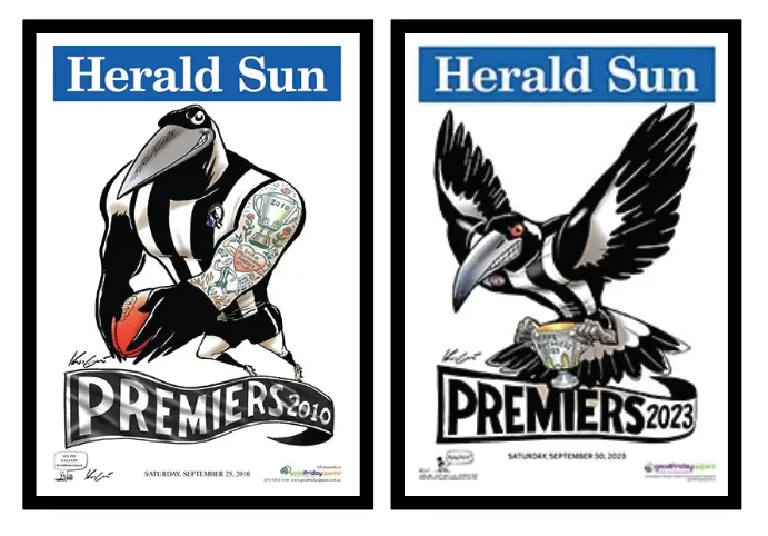 2 X OFFICIAL HERALD SUN MARK KNIGHT COLLINGWOOD MAGPIES 2010 & 2023 FRAMES