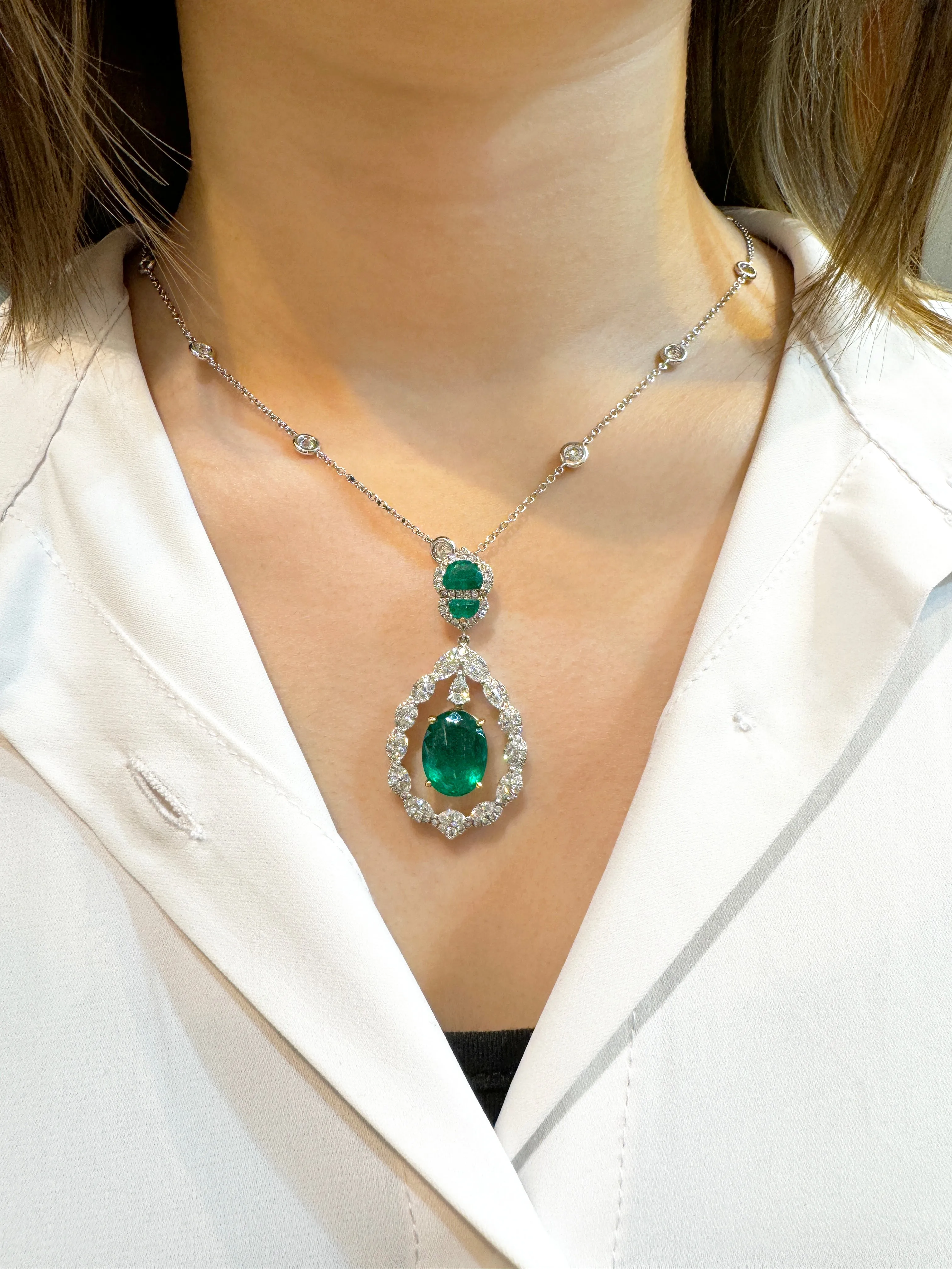 6.42 Carat Oval Emerald Drop & Diamond Halo Pendant Necklace