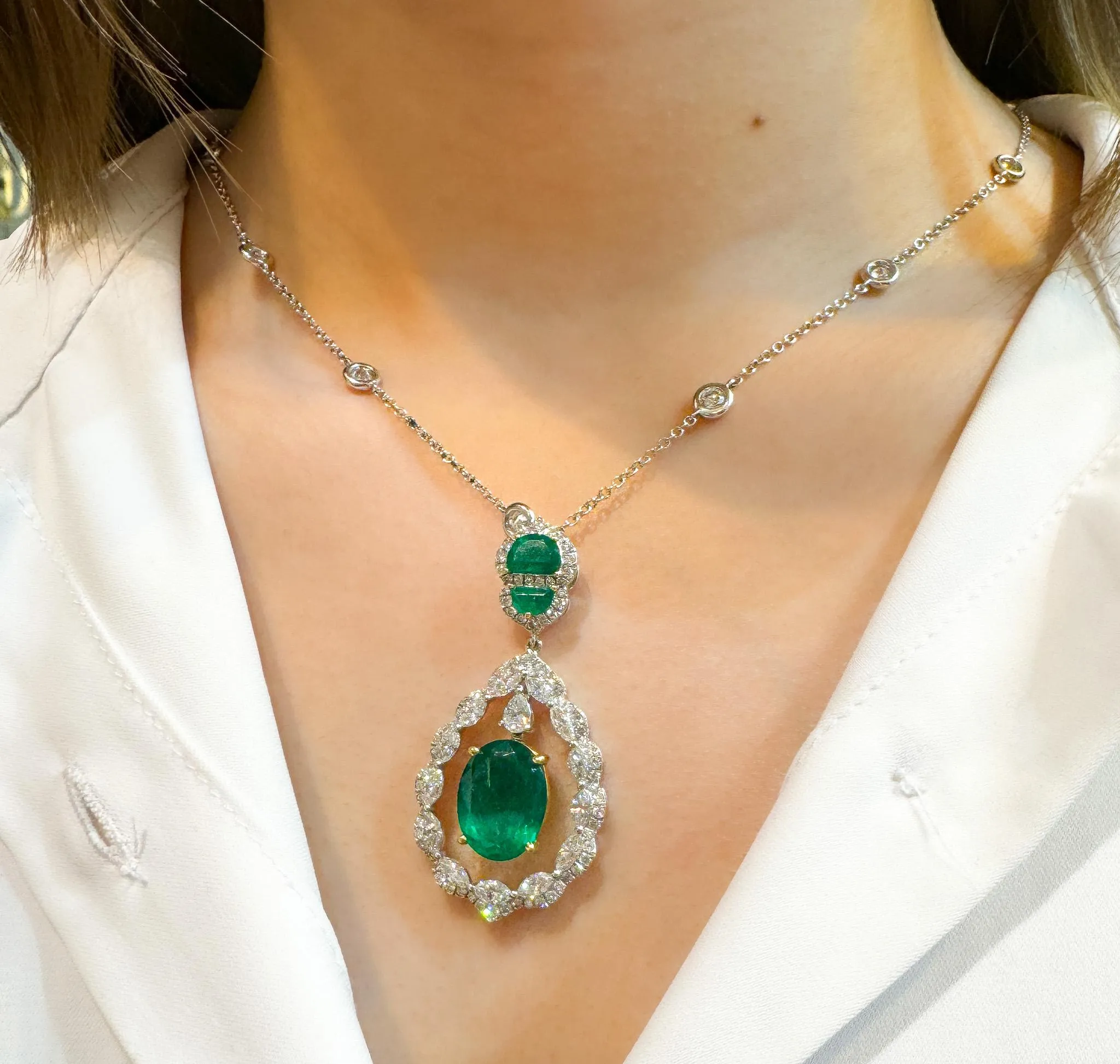 6.42 Carat Oval Emerald Drop & Diamond Halo Pendant Necklace