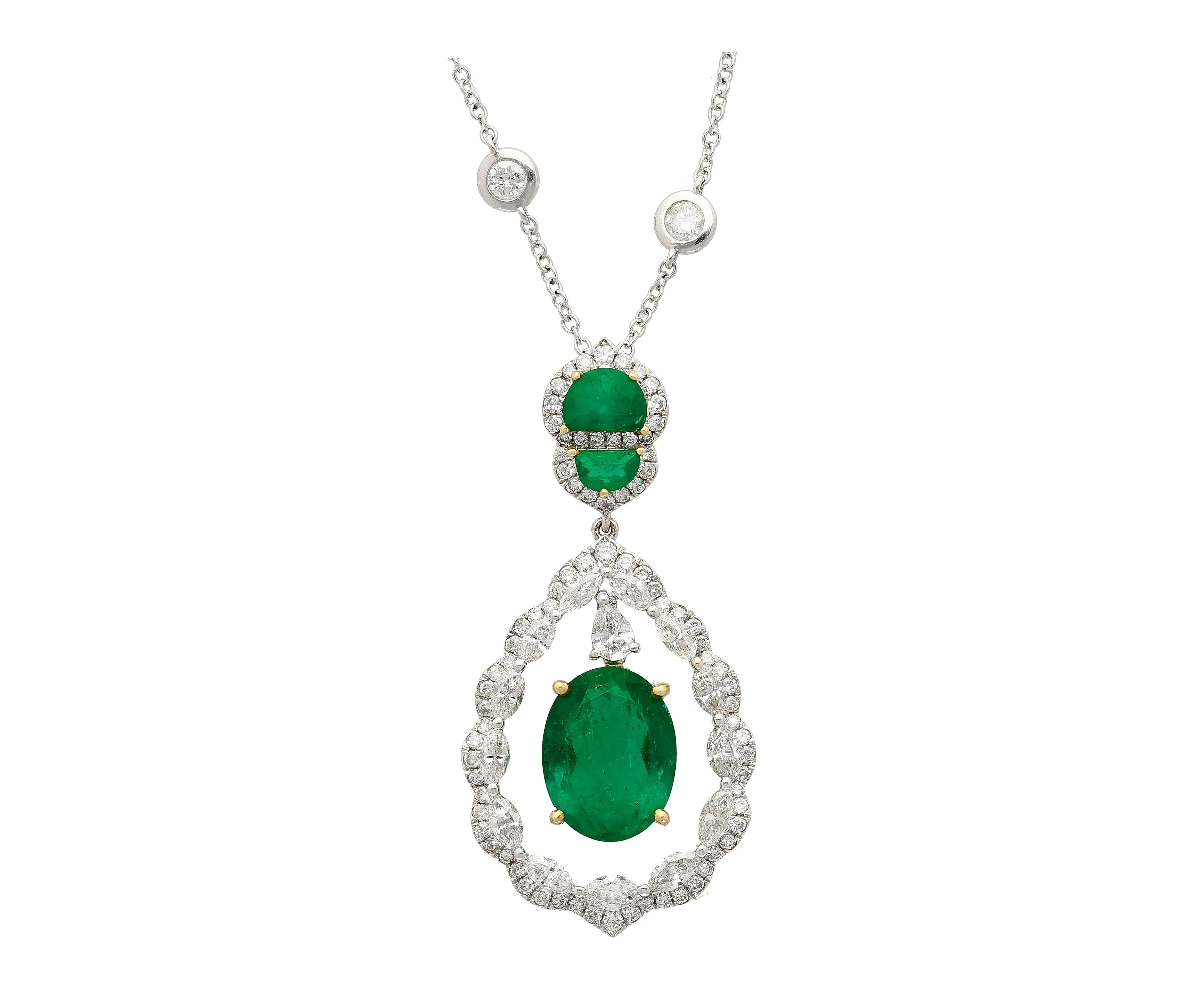 6.42 Carat Oval Emerald Drop & Diamond Halo Pendant Necklace