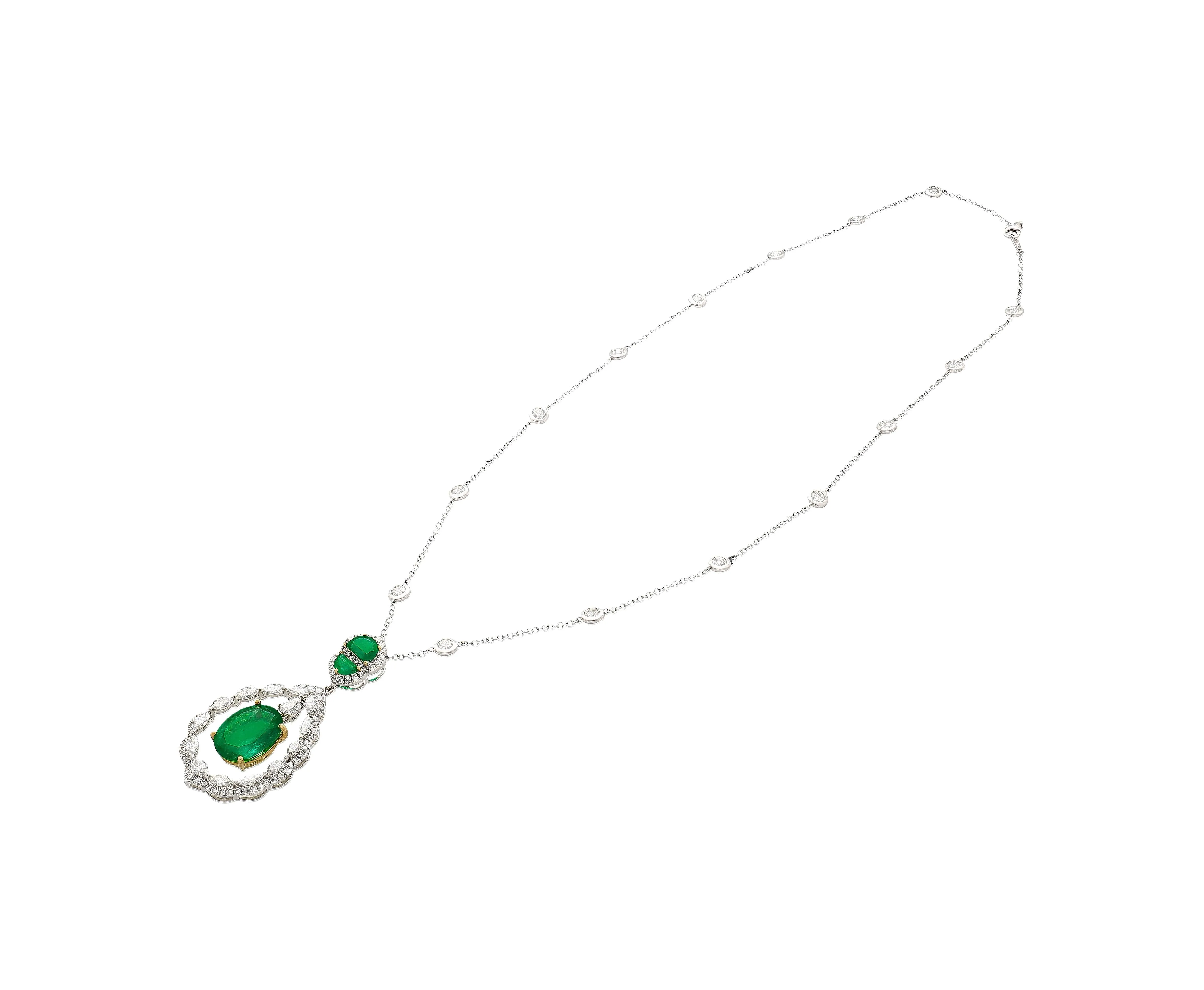 6.42 Carat Oval Emerald Drop & Diamond Halo Pendant Necklace