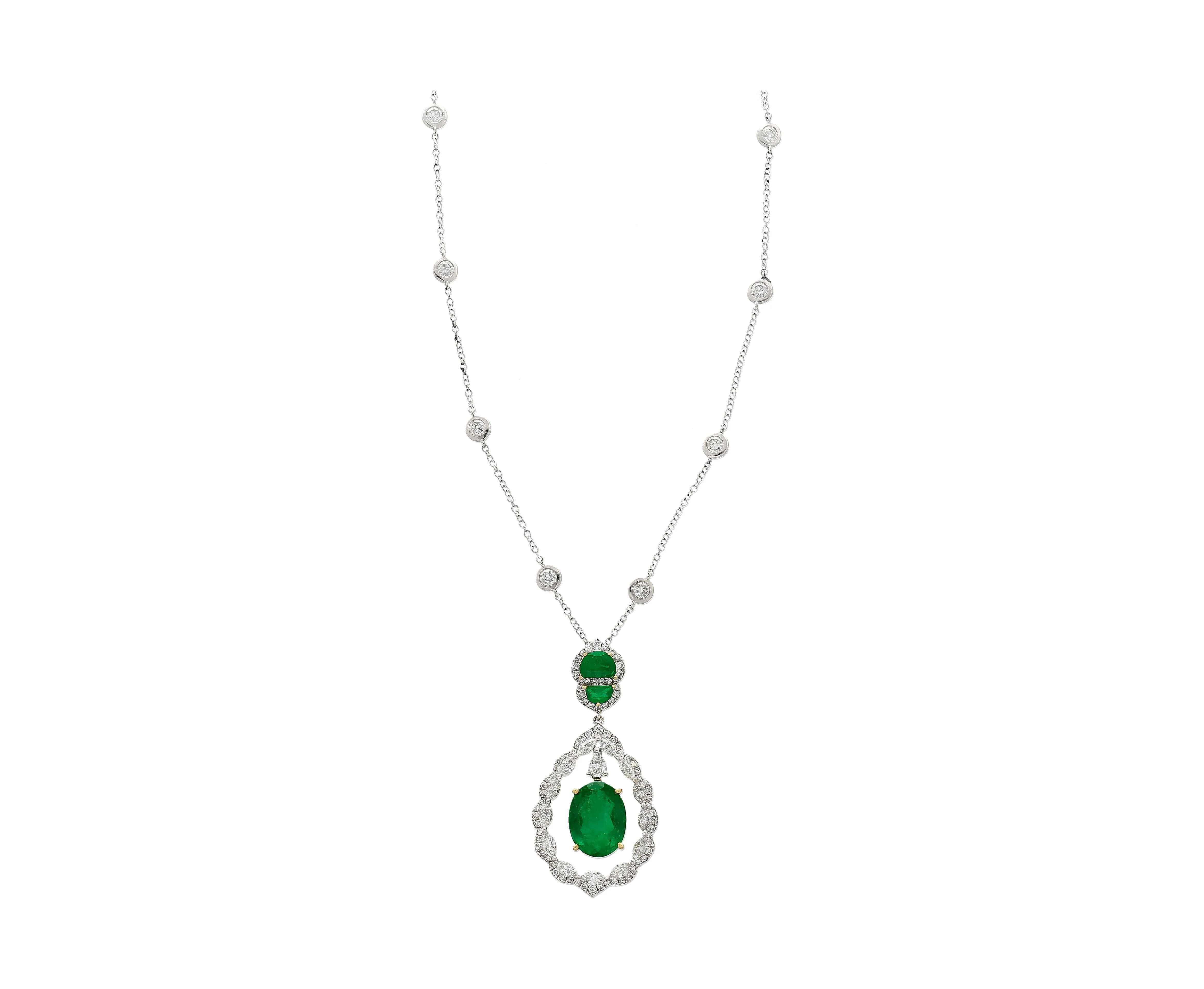 6.42 Carat Oval Emerald Drop & Diamond Halo Pendant Necklace