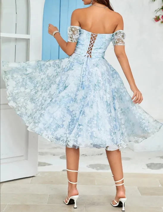 A-Line Blue Party Dress Off The Shoulder Printed Blue Tea-Length Cocktail Dress