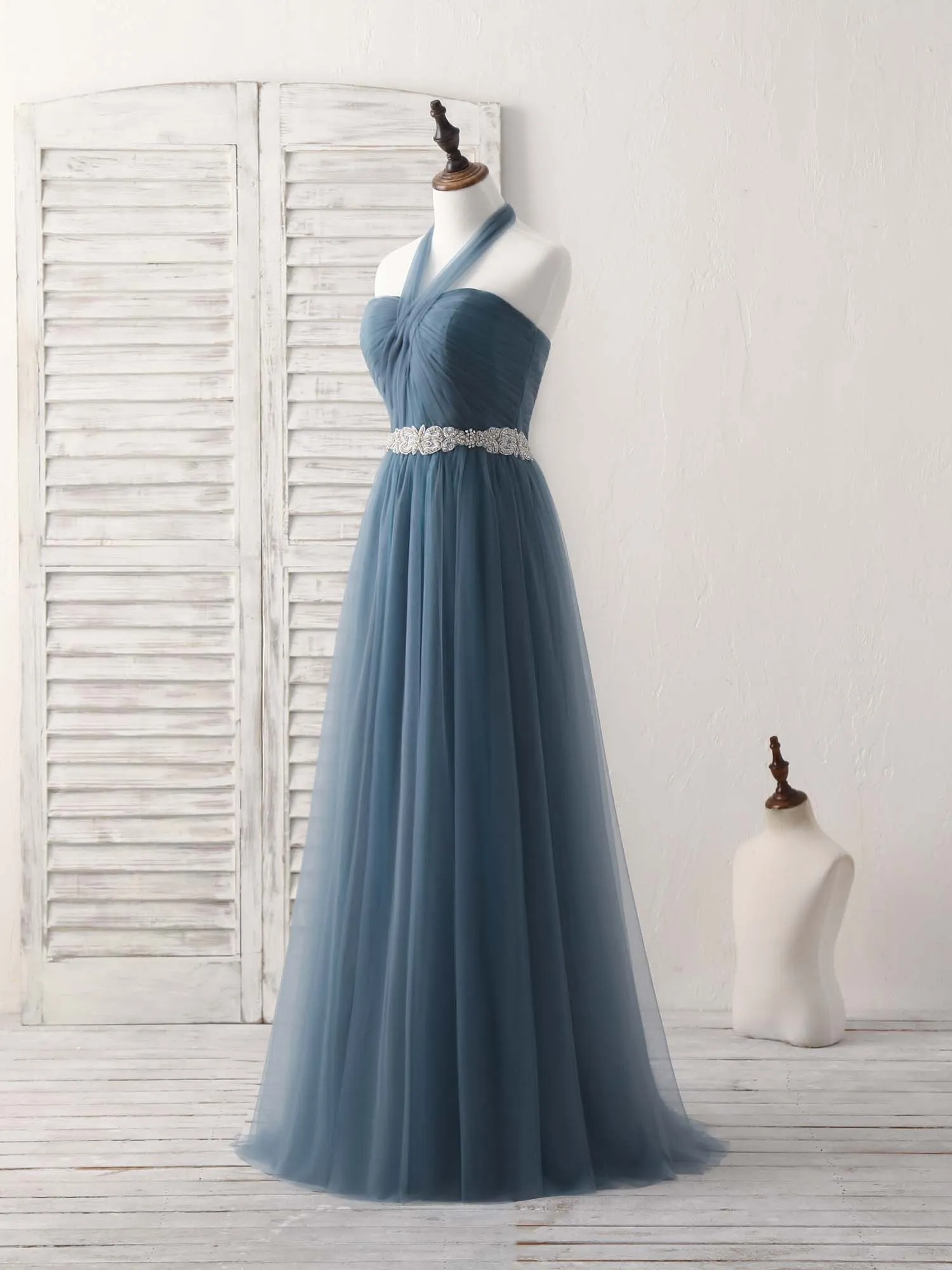 A-Line Gray Blue Tulle Long Bridesmaid Dress Gray Blue Prom Dress