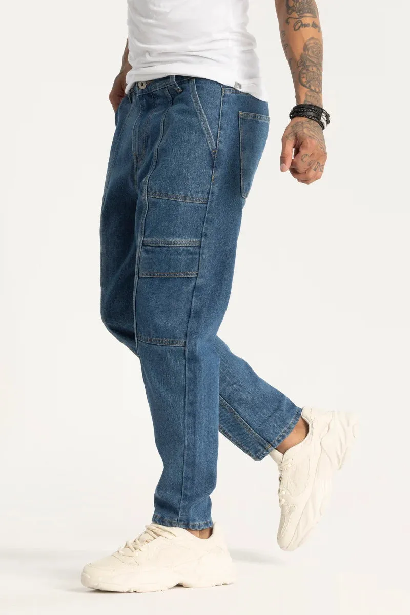 Blue Plain Cargo Style Baggy Fit Jeans