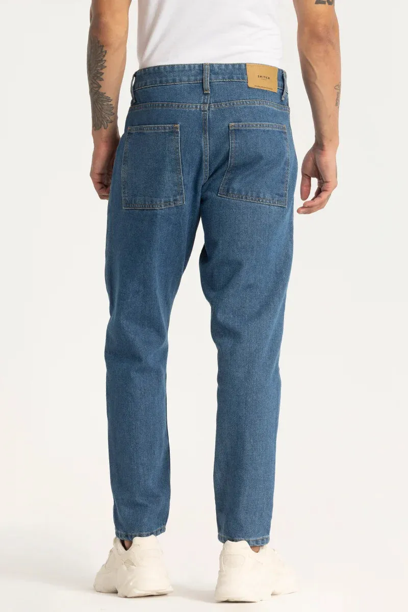 Blue Plain Cargo Style Baggy Fit Jeans