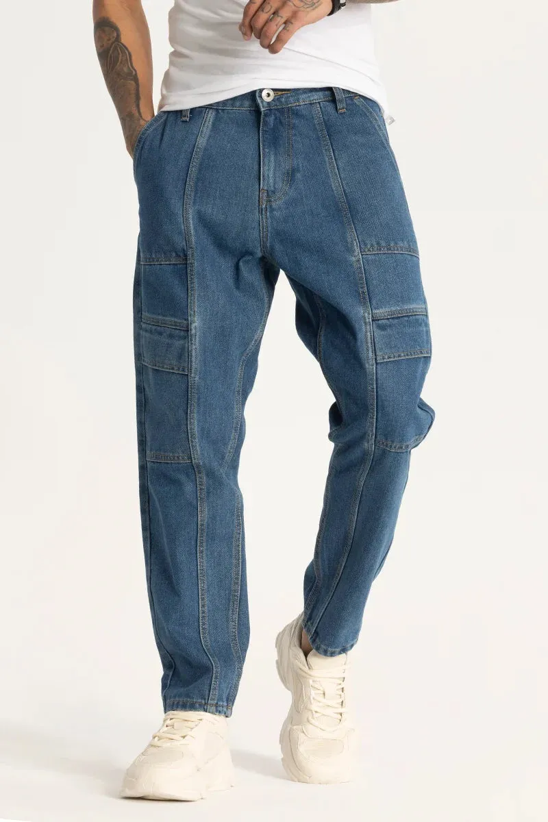 Blue Plain Cargo Style Baggy Fit Jeans