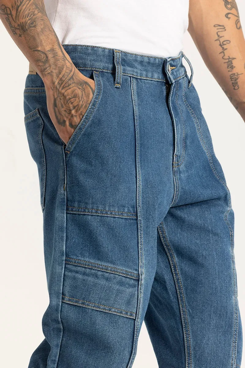 Blue Plain Cargo Style Baggy Fit Jeans