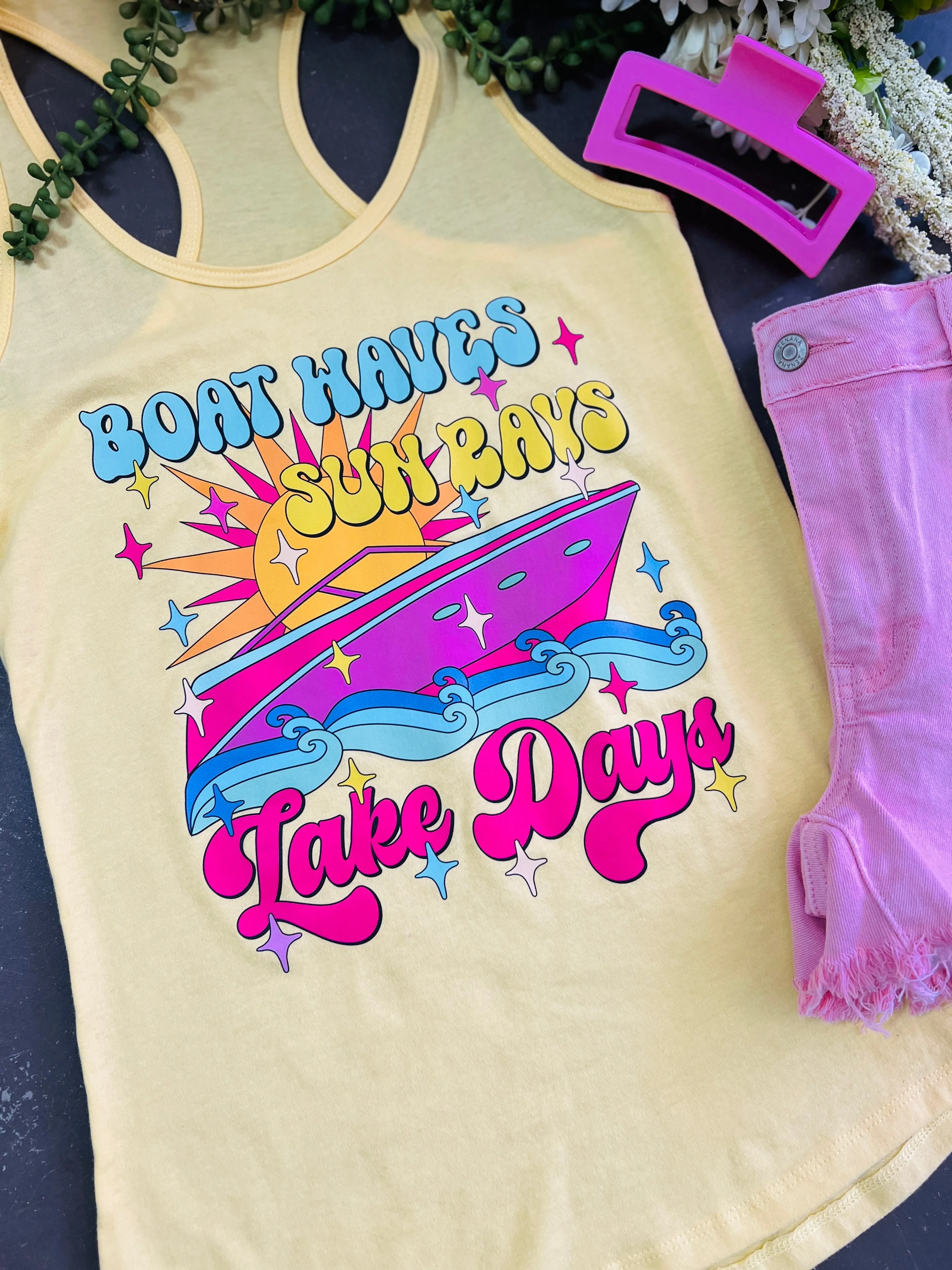 Boat Waves Lake Days Yellow Racer Back Tank*