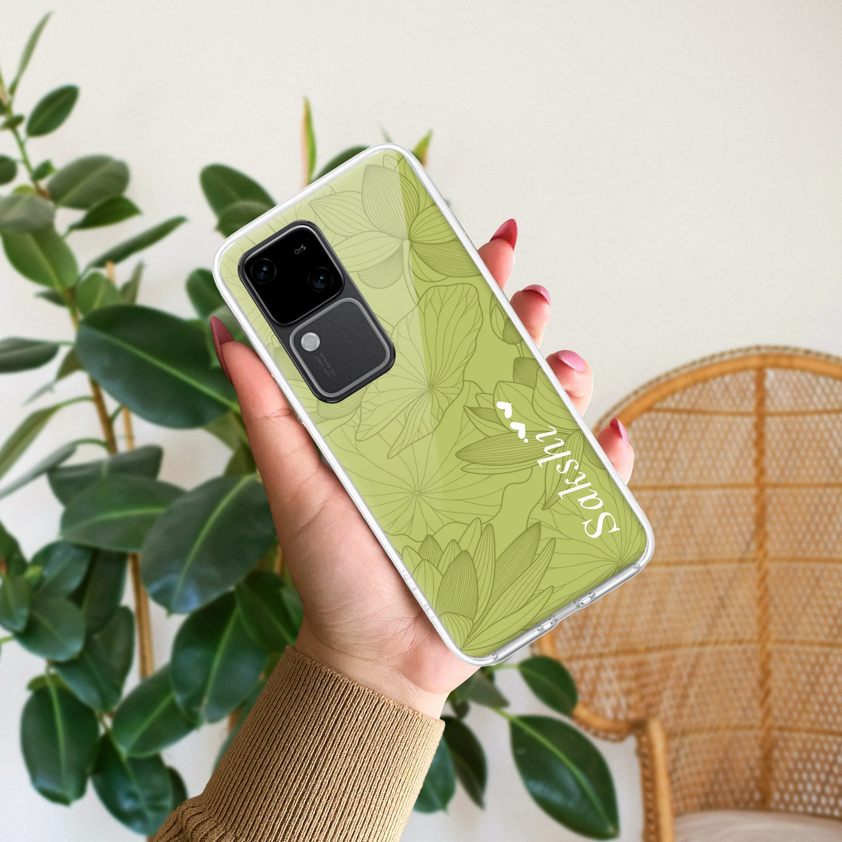 Customized luxury Mint Green leaves Transparent Silicon Case For Vivo