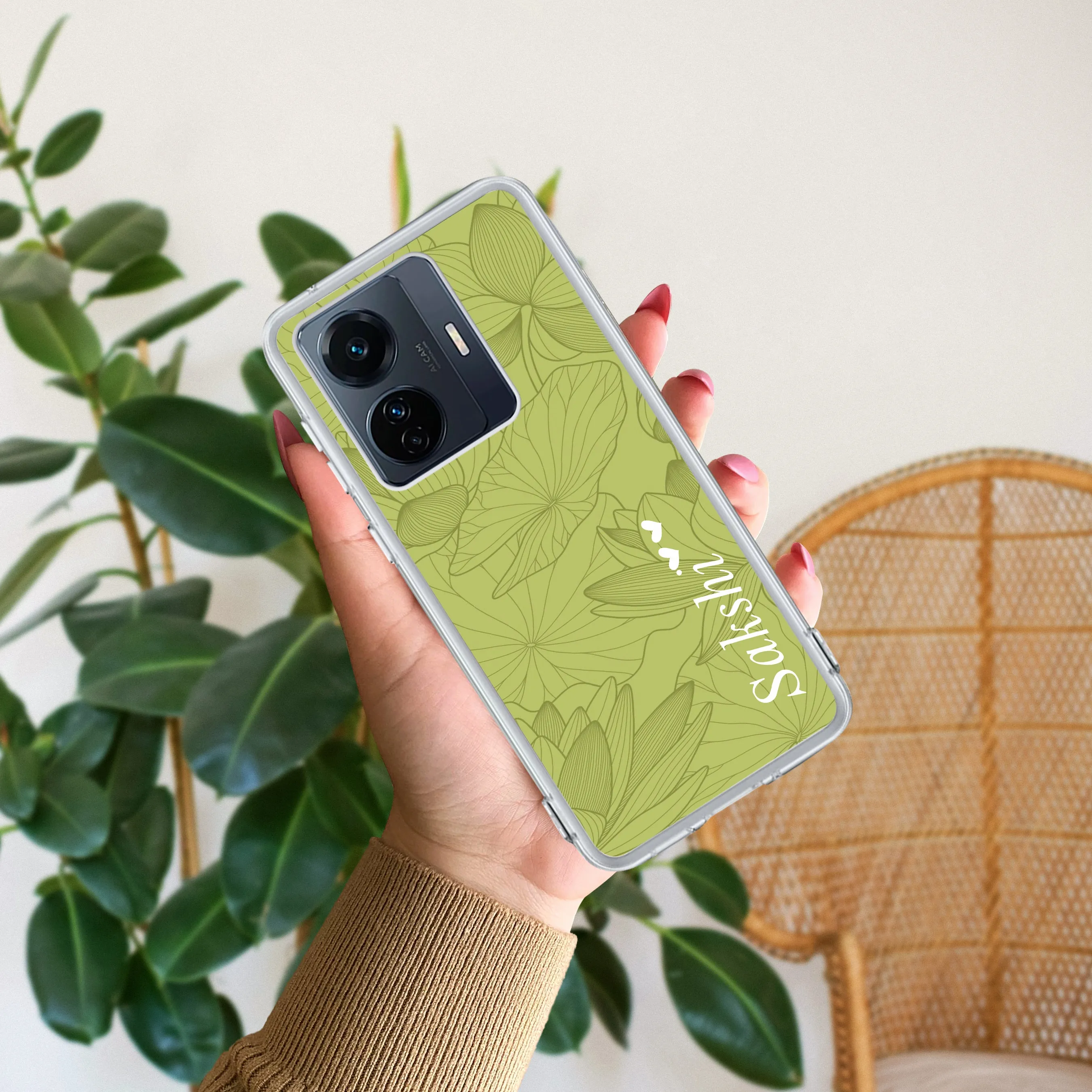 Customized luxury Mint Green leaves Transparent Silicon Case For Vivo