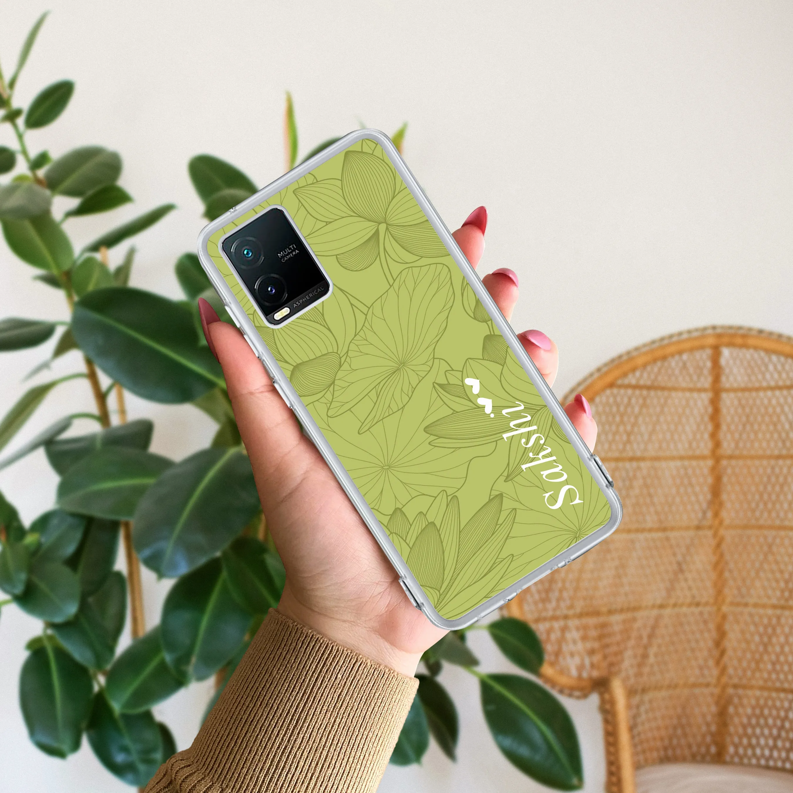 Customized luxury Mint Green leaves Transparent Silicon Case For Vivo