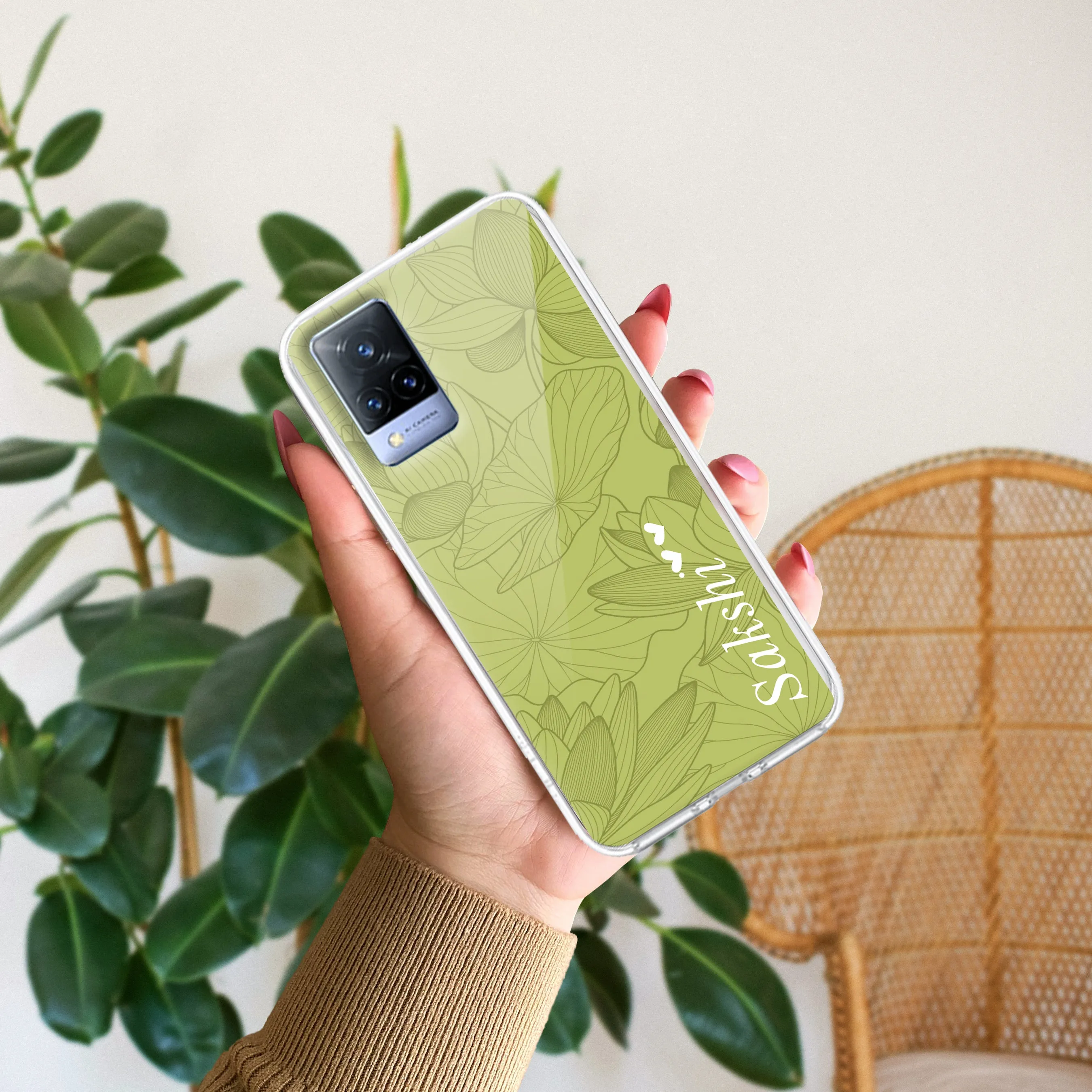 Customized luxury Mint Green leaves Transparent Silicon Case For Vivo