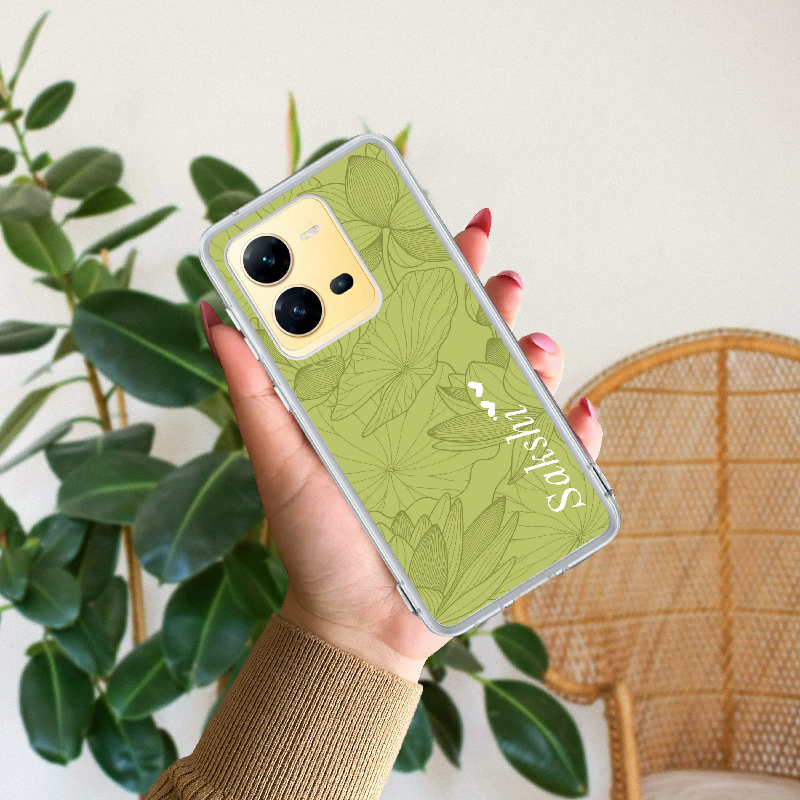 Customized luxury Mint Green leaves Transparent Silicon Case For Vivo