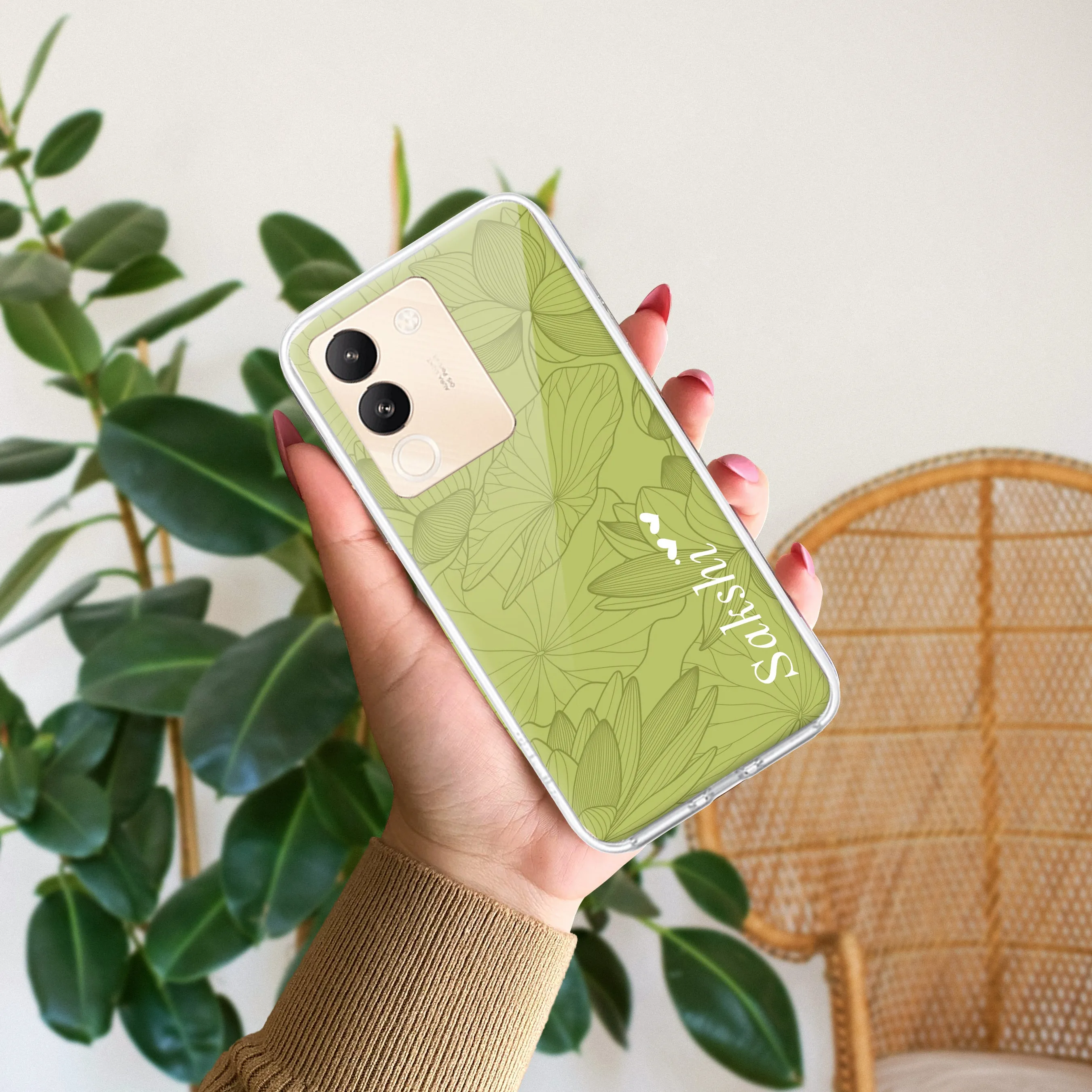 Customized luxury Mint Green leaves Transparent Silicon Case For Vivo