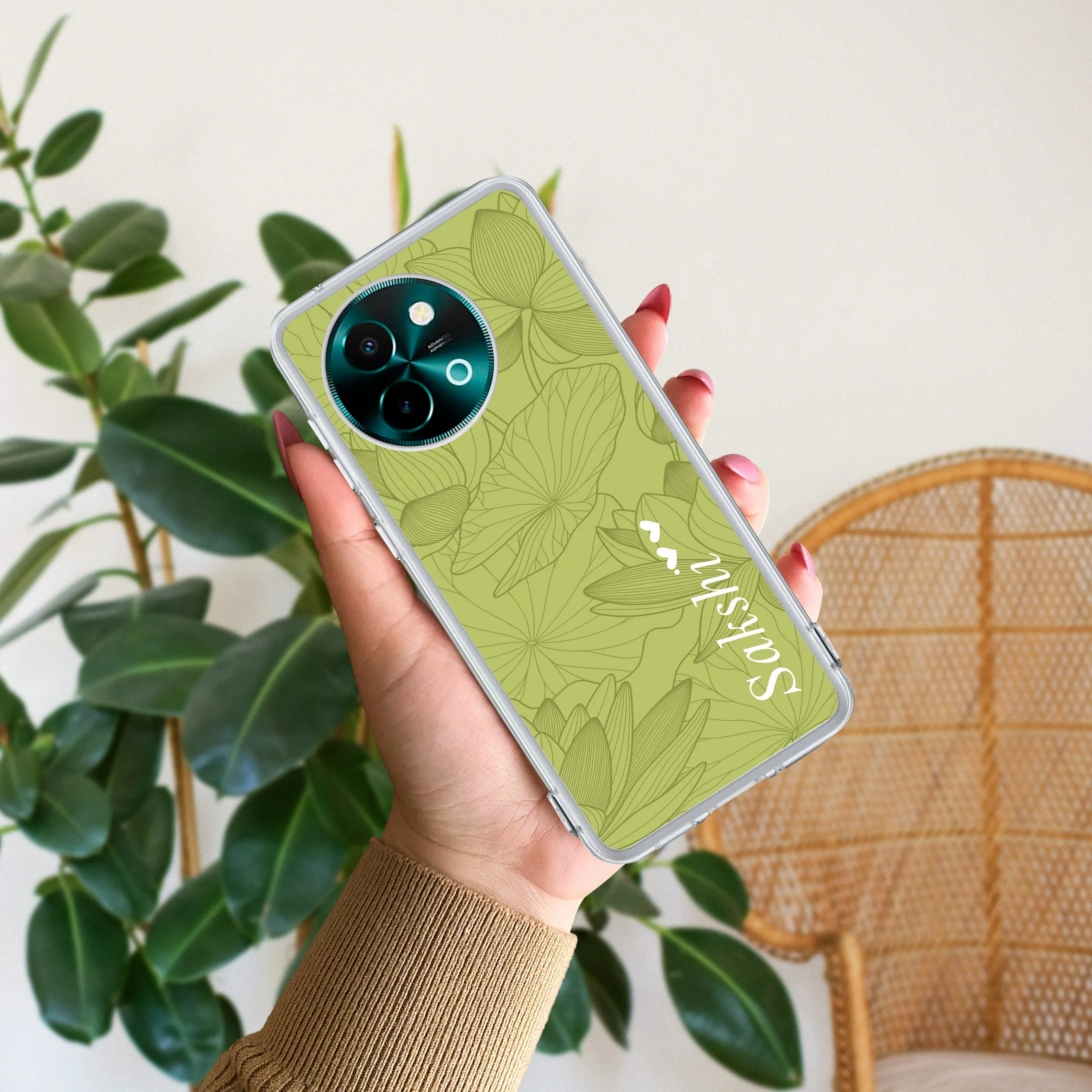 Customized luxury Mint Green leaves Transparent Silicon Case For Vivo