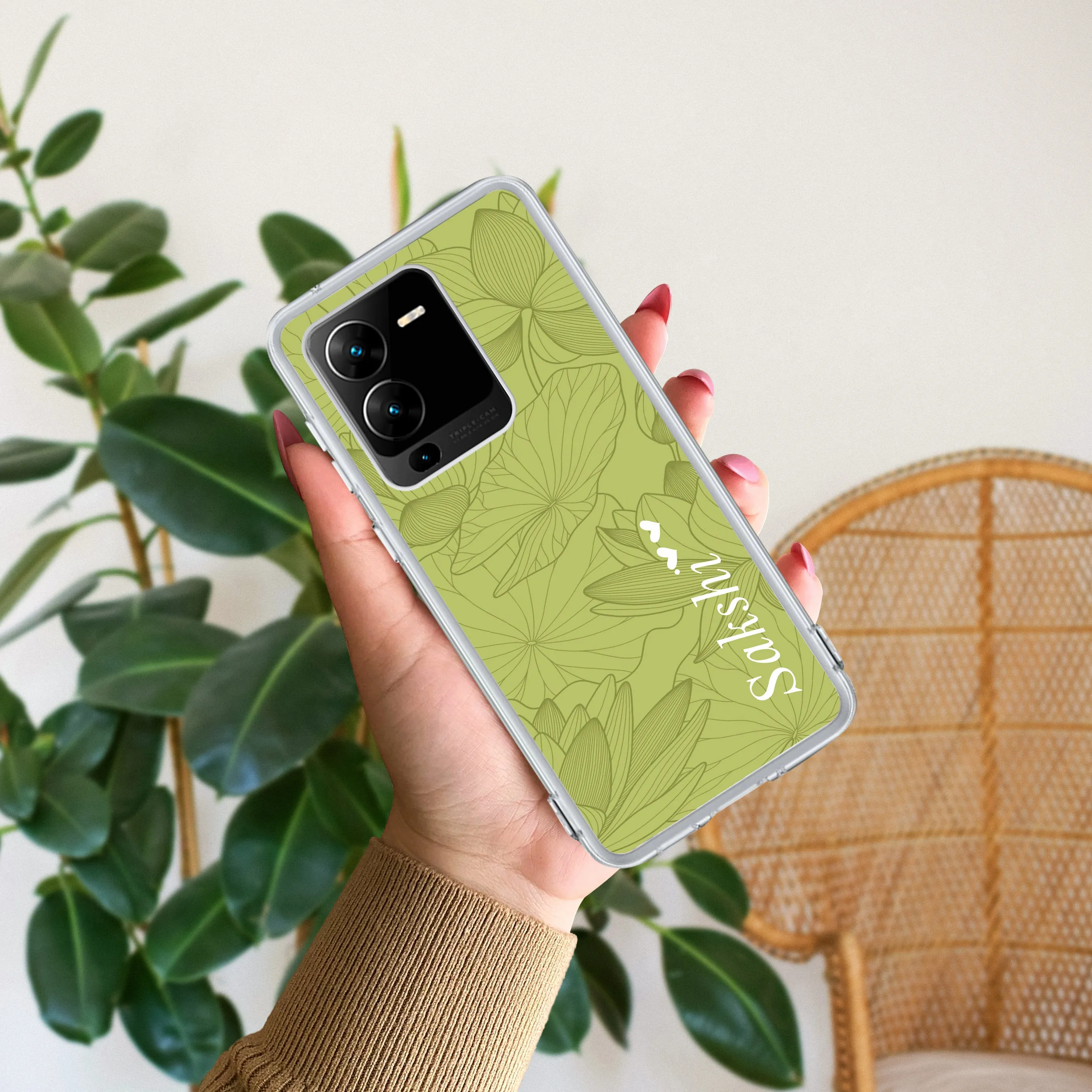 Customized luxury Mint Green leaves Transparent Silicon Case For Vivo