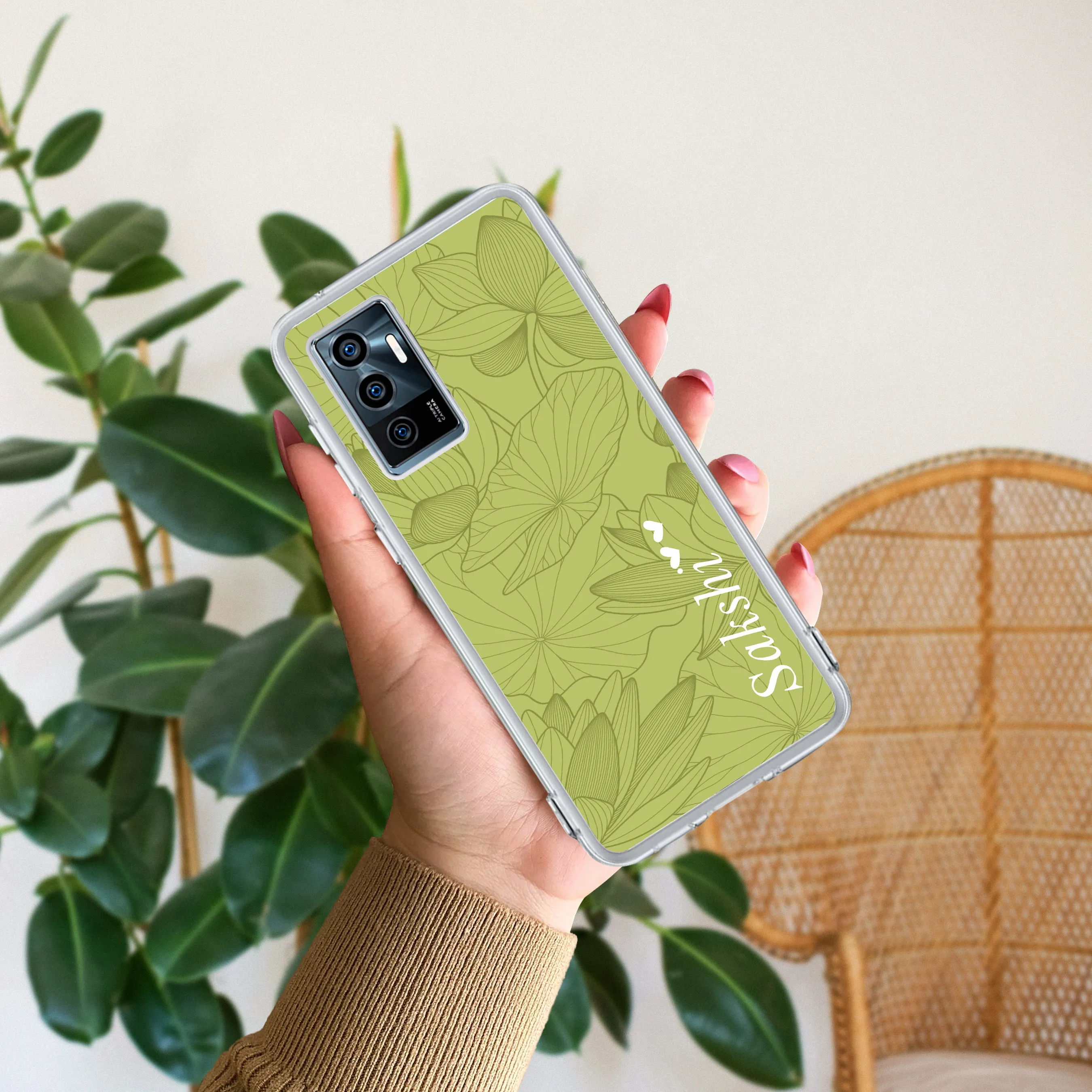 Customized luxury Mint Green leaves Transparent Silicon Case For Vivo