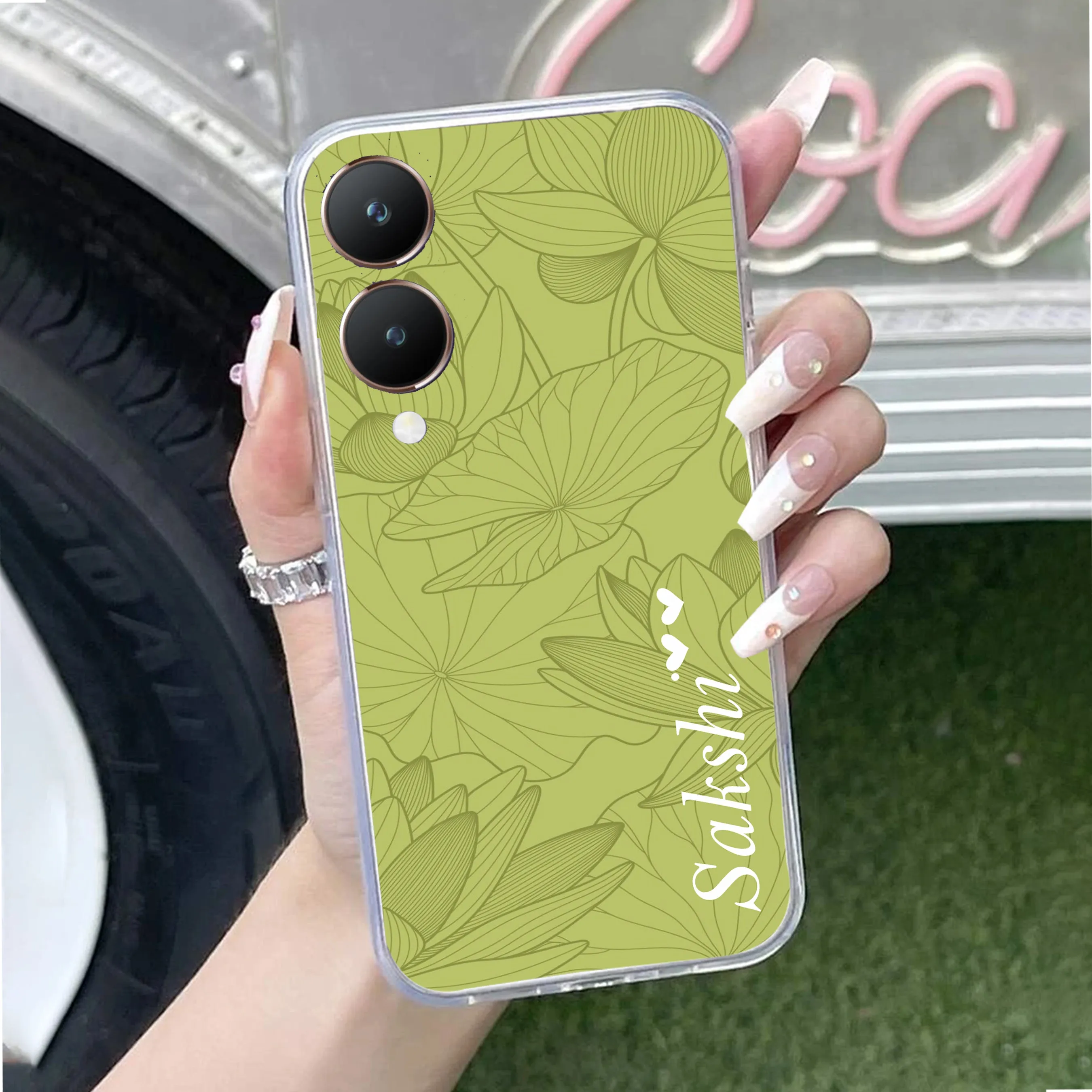 Customized luxury Mint Green leaves Transparent Silicon Case For Vivo