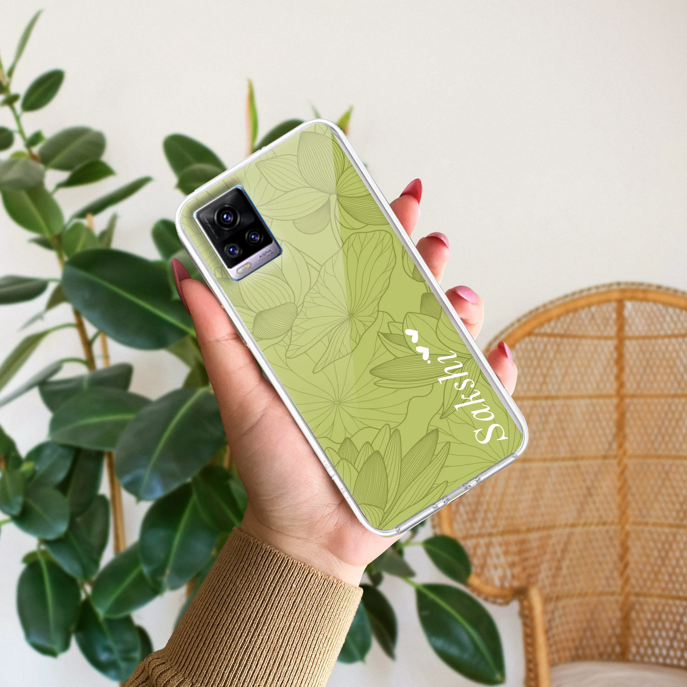 Customized luxury Mint Green leaves Transparent Silicon Case For Vivo