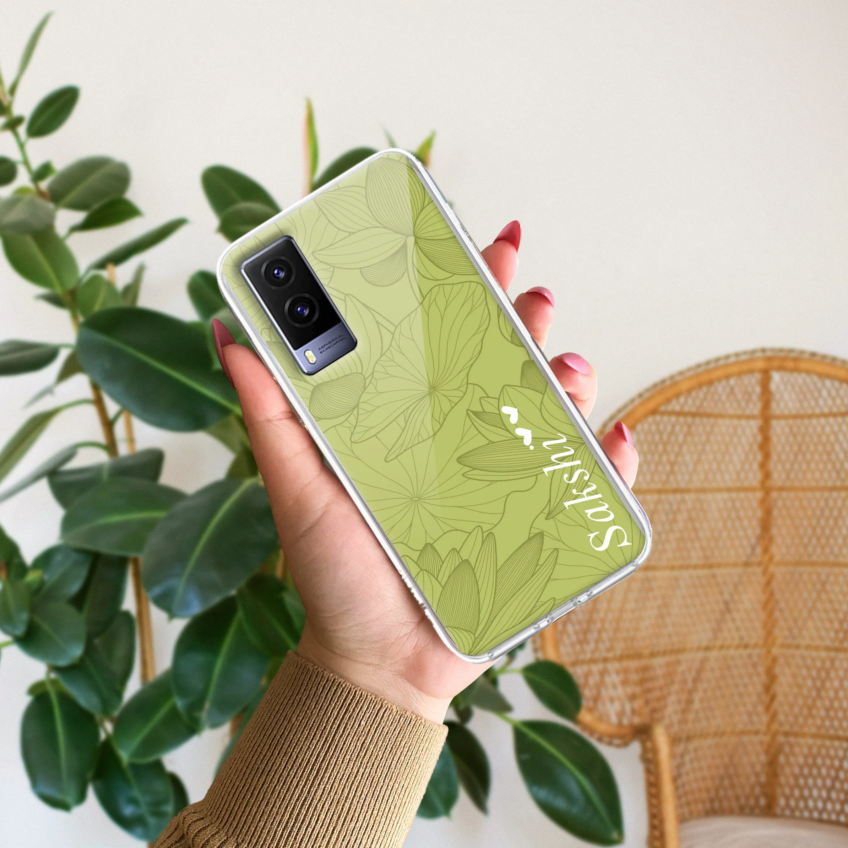 Customized luxury Mint Green leaves Transparent Silicon Case For Vivo