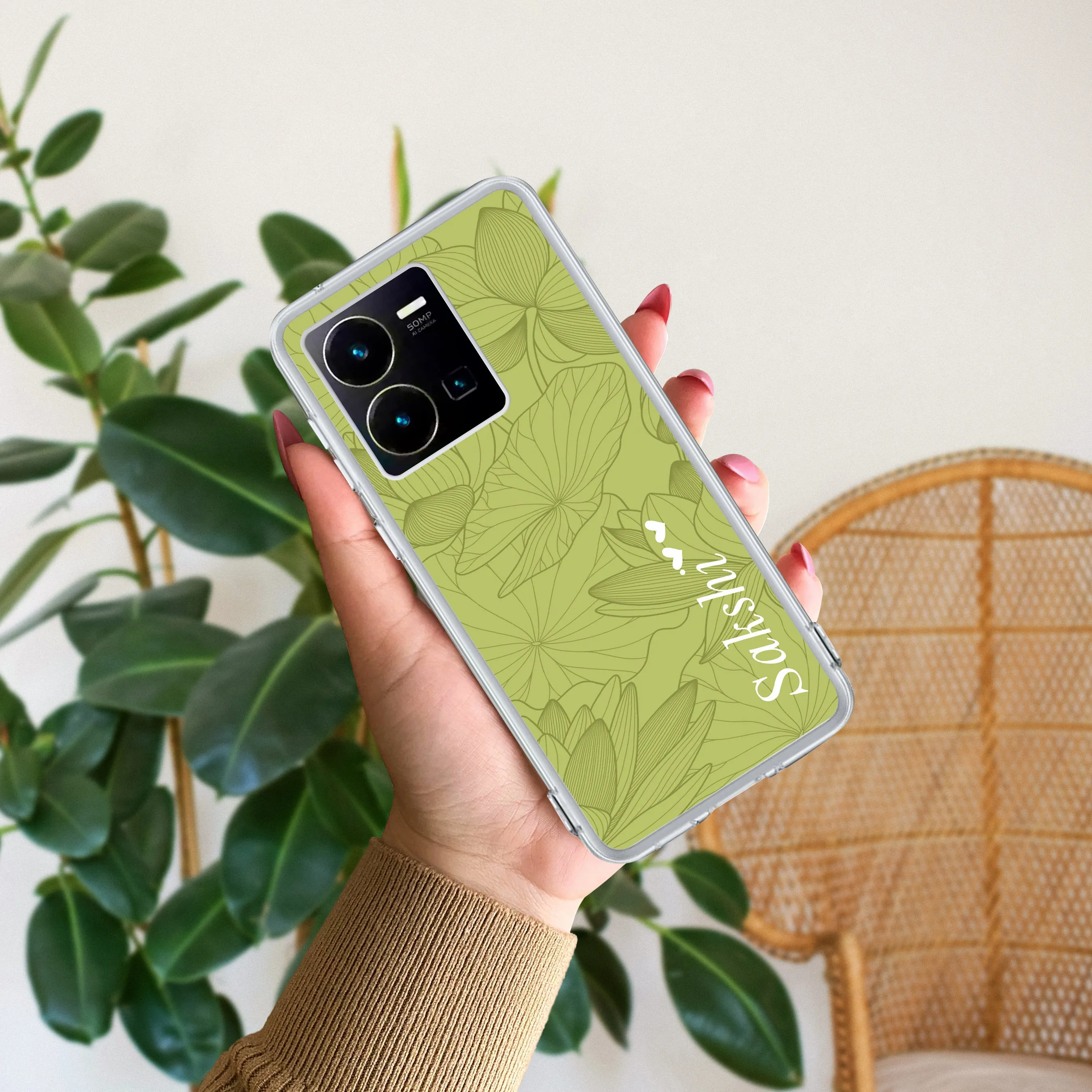 Customized luxury Mint Green leaves Transparent Silicon Case For Vivo