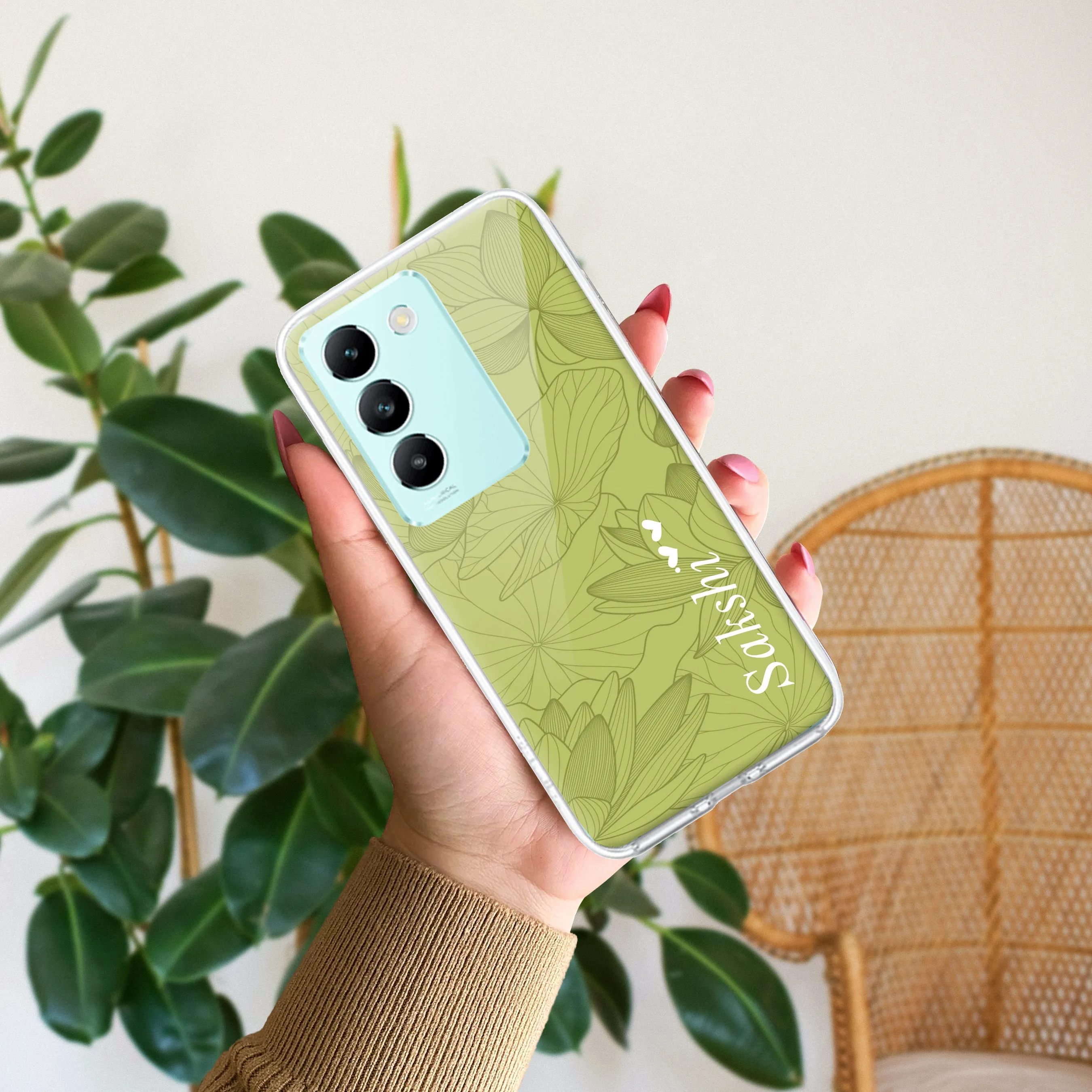 Customized luxury Mint Green leaves Transparent Silicon Case For Vivo