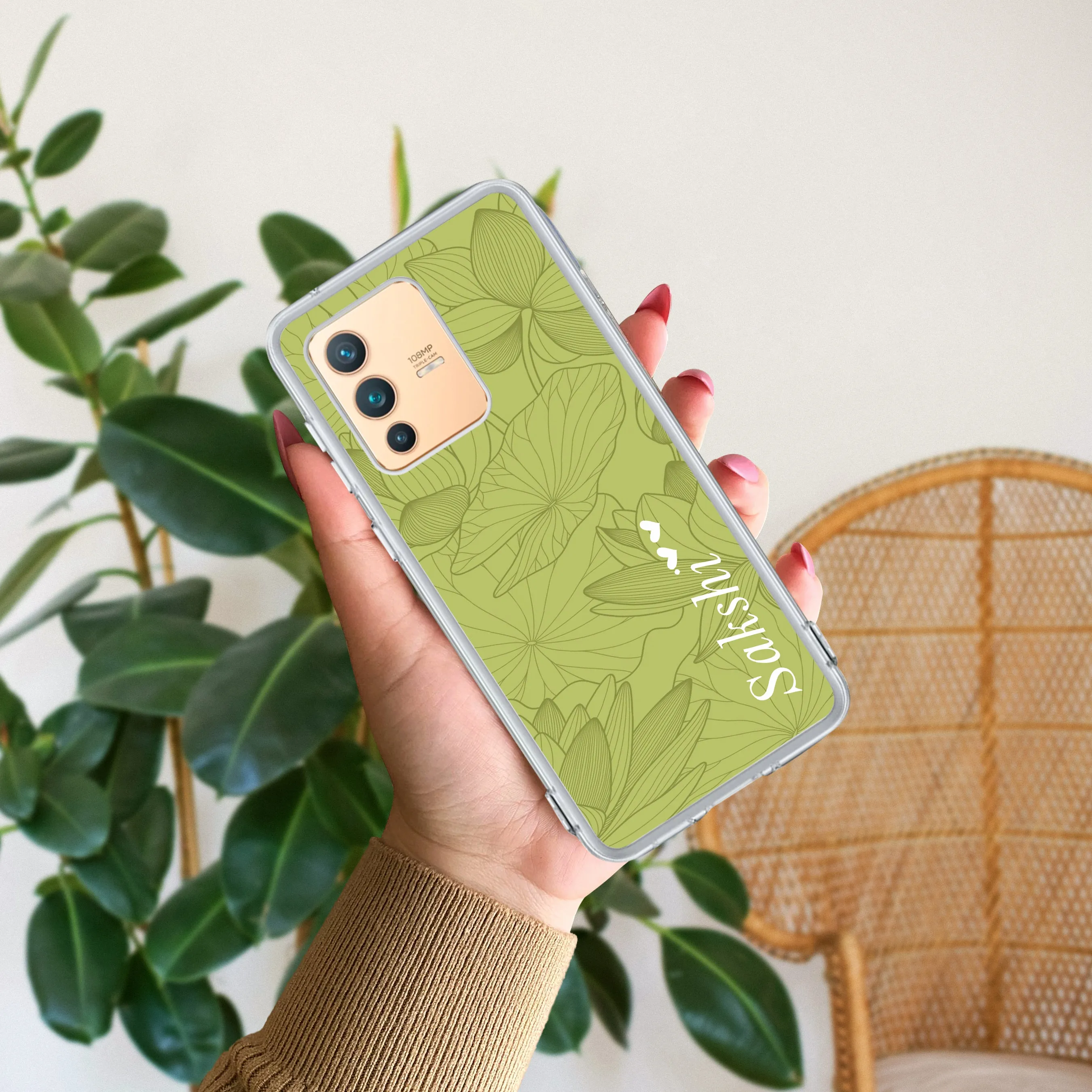 Customized luxury Mint Green leaves Transparent Silicon Case For Vivo