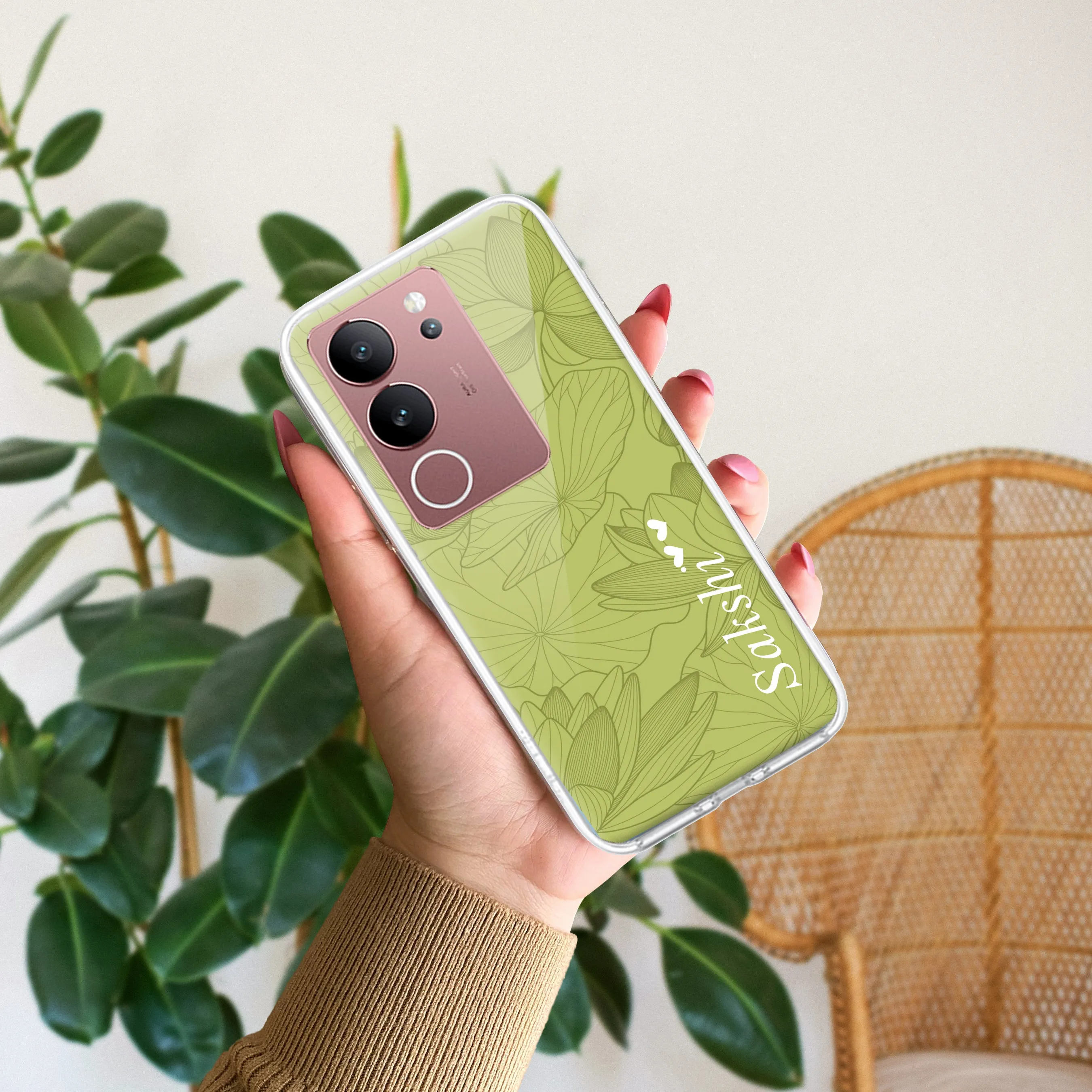 Customized luxury Mint Green leaves Transparent Silicon Case For Vivo