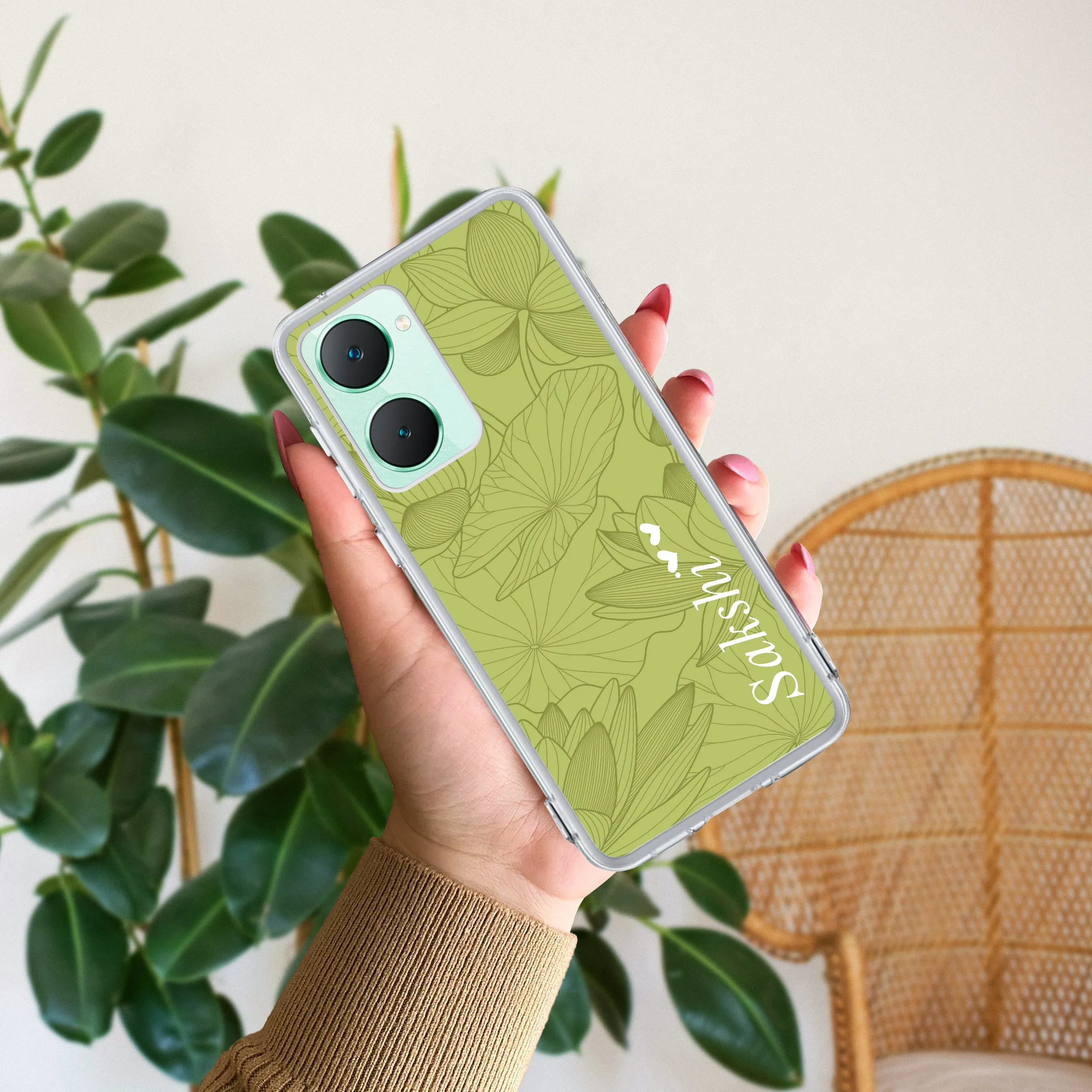 Customized luxury Mint Green leaves Transparent Silicon Case For Vivo