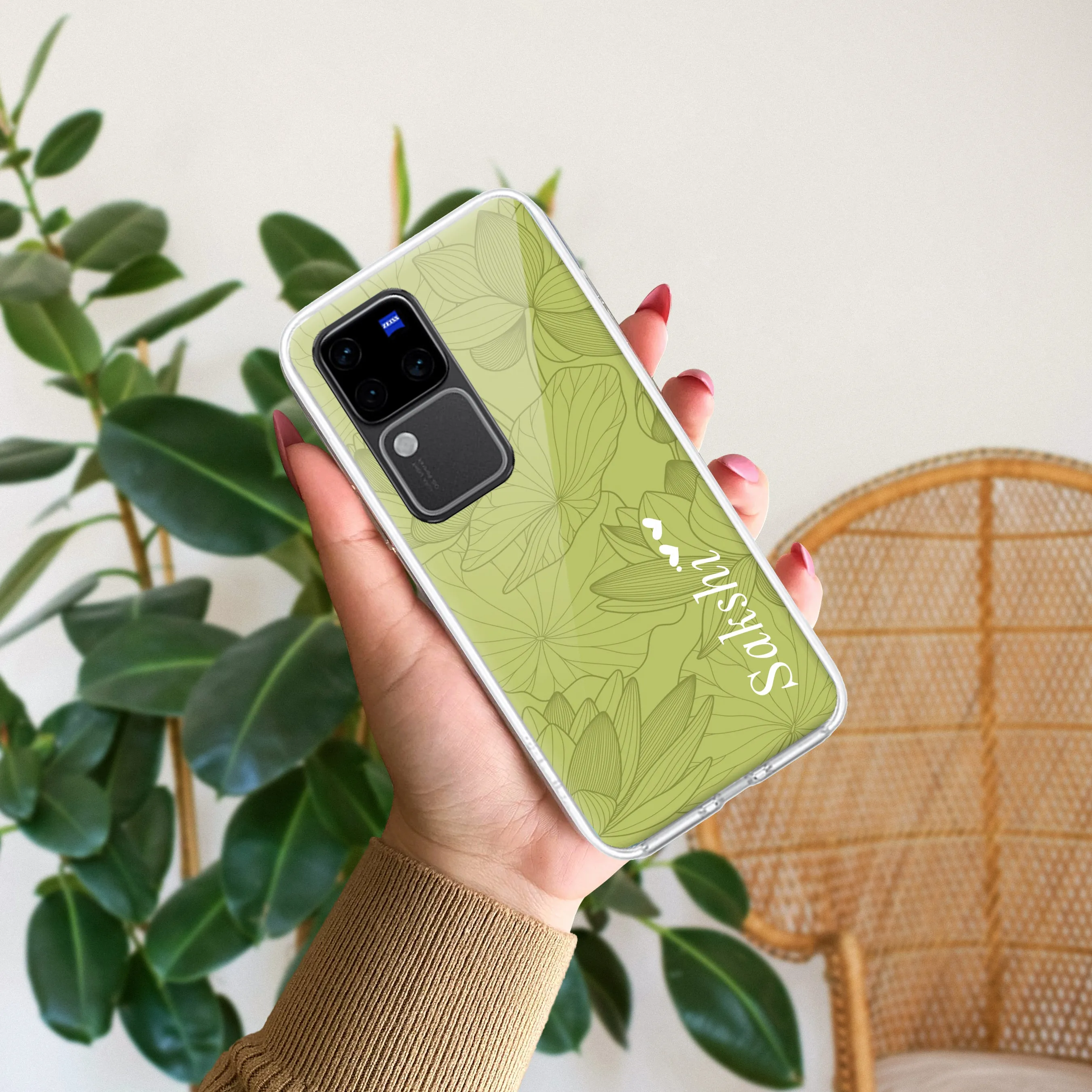 Customized luxury Mint Green leaves Transparent Silicon Case For Vivo