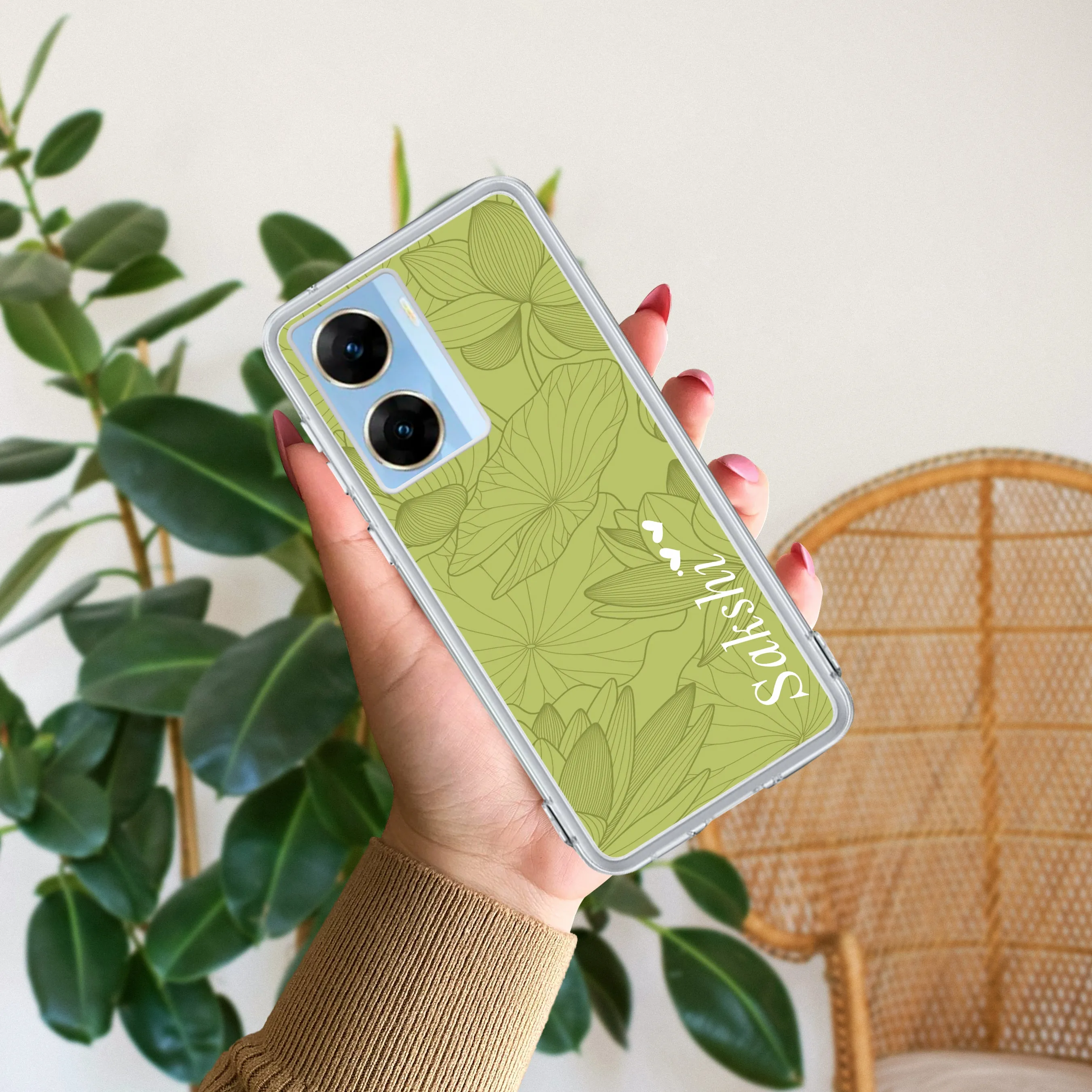 Customized luxury Mint Green leaves Transparent Silicon Case For Vivo