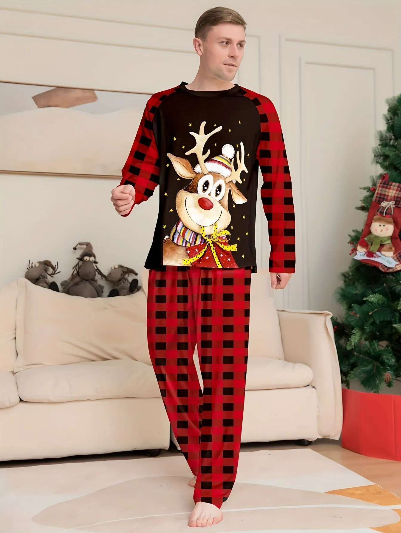 Deer Cartoon Printed Festival New Checkered Christmas Day Set, Dad, Children And Parent Child Set