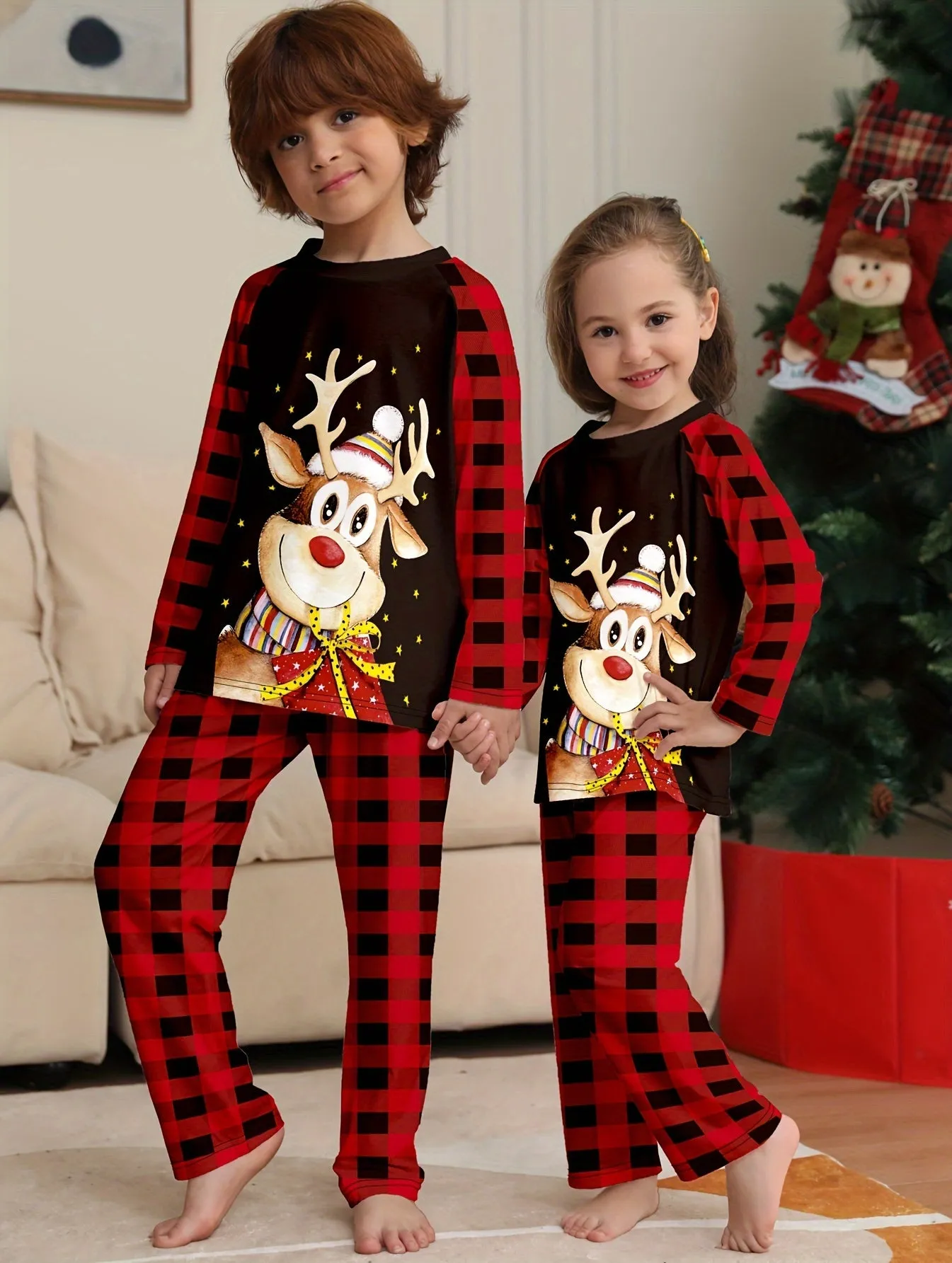 Deer Cartoon Printed Festival New Checkered Christmas Day Set, Dad, Children And Parent Child Set