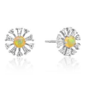 Diamond Baguette & Opal Daisy Flower Stud Earrings