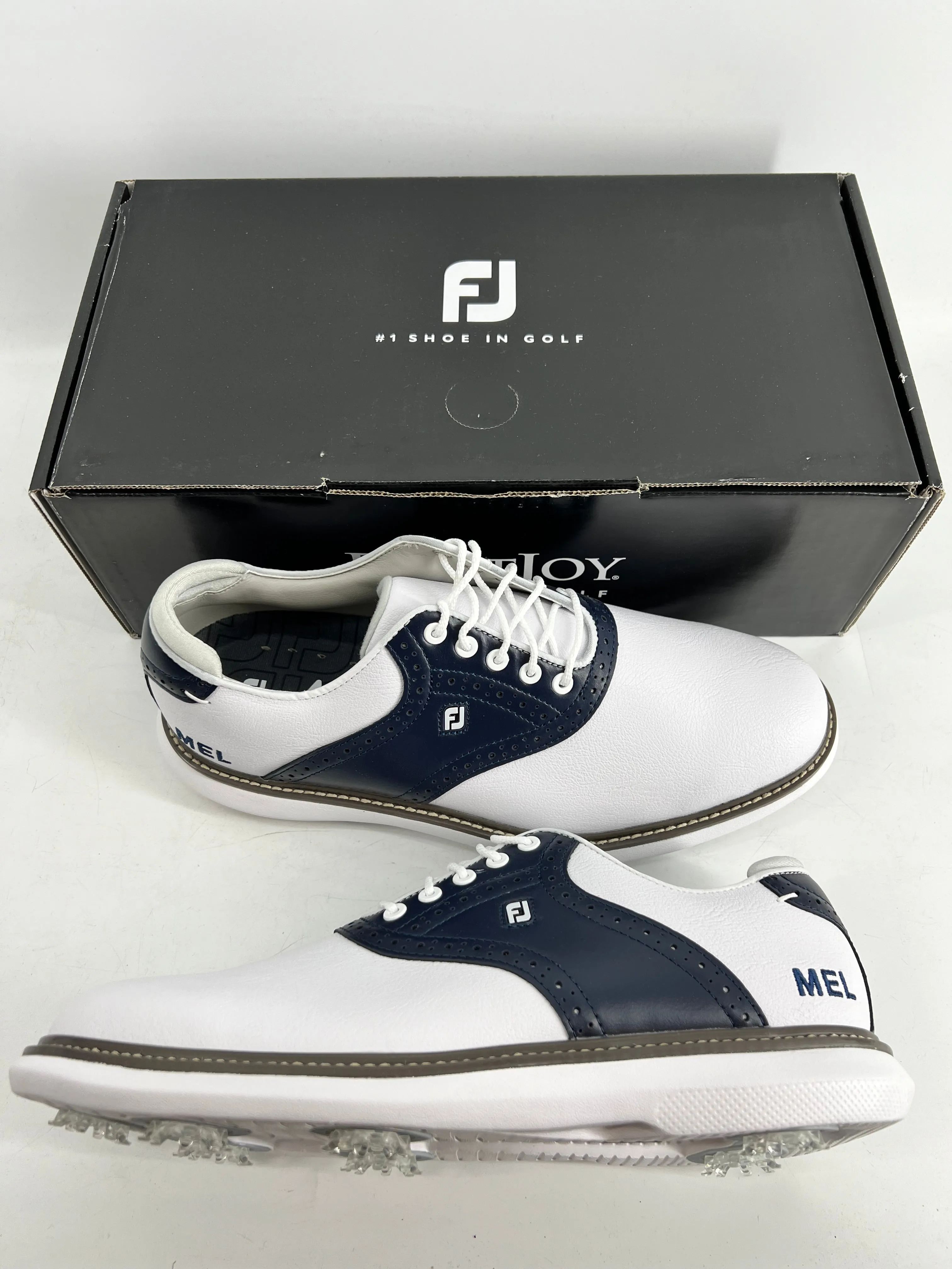 Footjoy Myjoys Traditions Series Golf Shoes White Blue Custom Logo 9.5 Medium