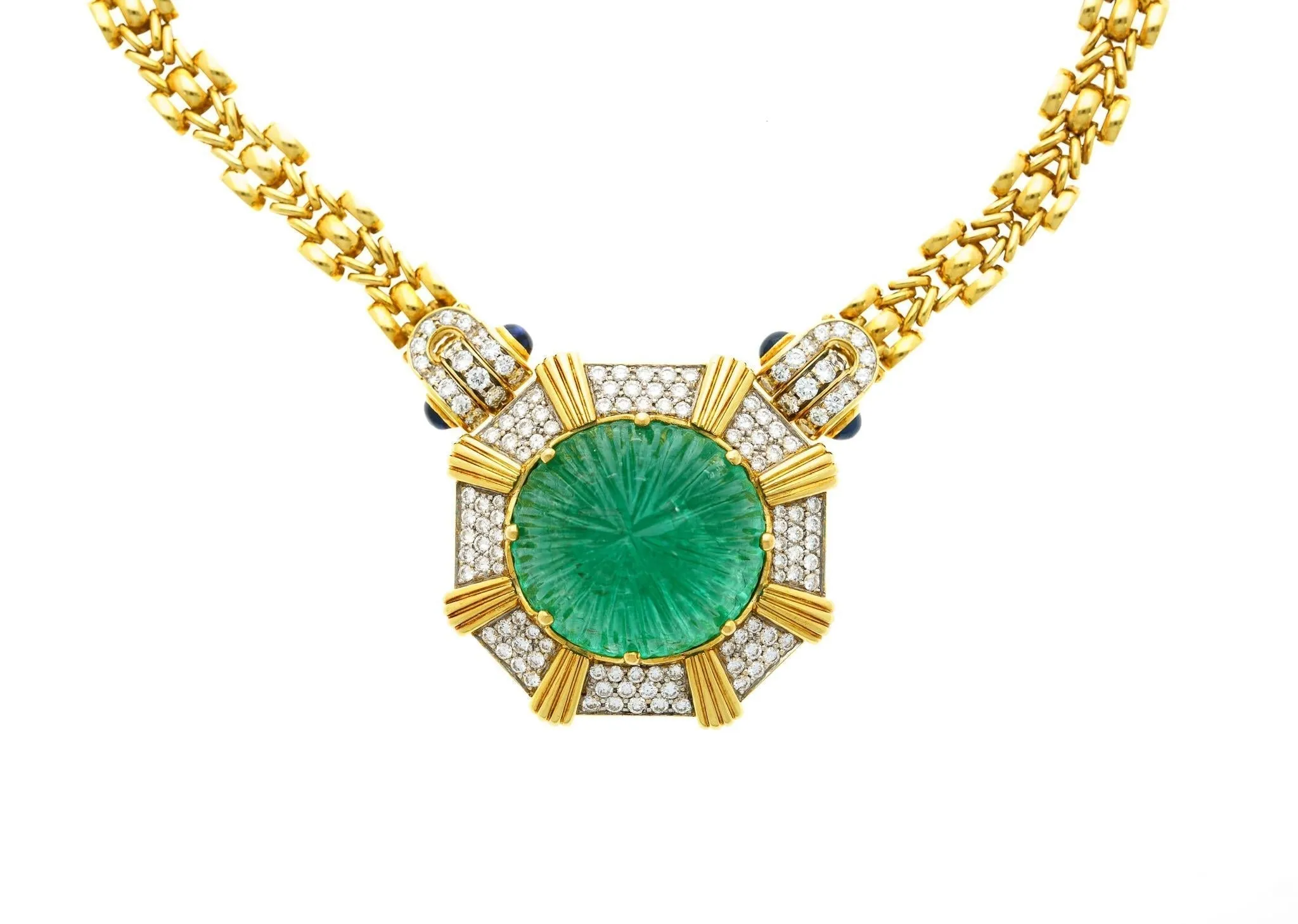 GRS Certified 108 Carat Carved Pastel Green Emerald Regal Pendant Necklace