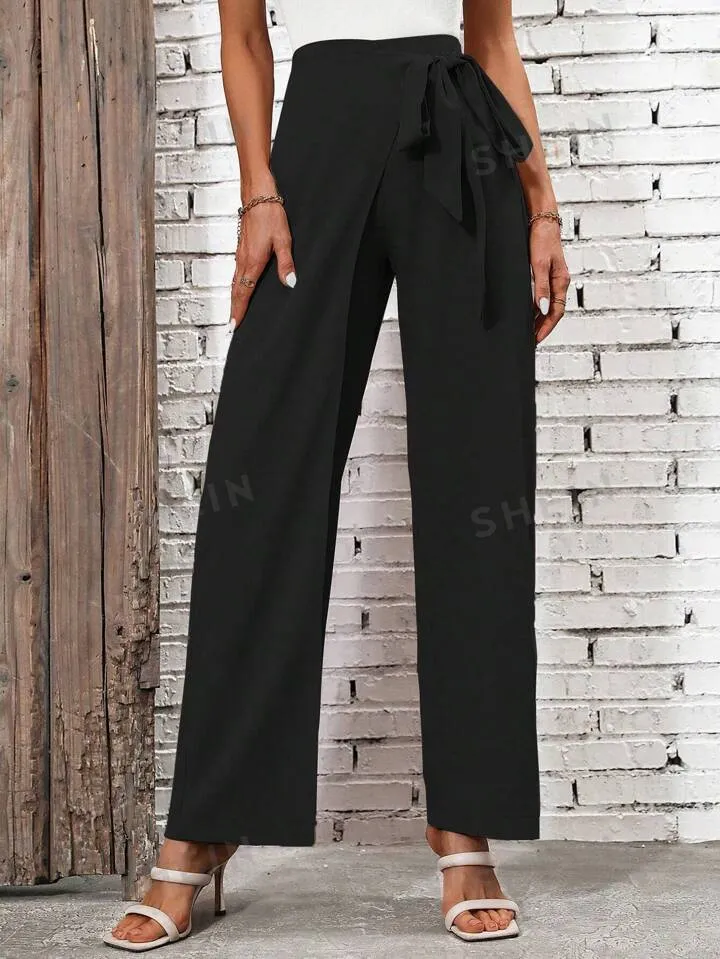 High waist knot side pants in black