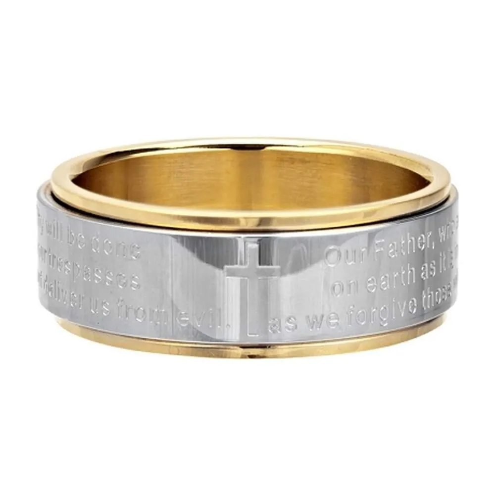 Polished Stainless Steel and Gold PVD Plated Spinner Ring with Lord's Prayer | 8mm