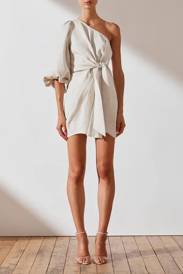 St Martin Linen One Shoulder Mini Dress- Natural