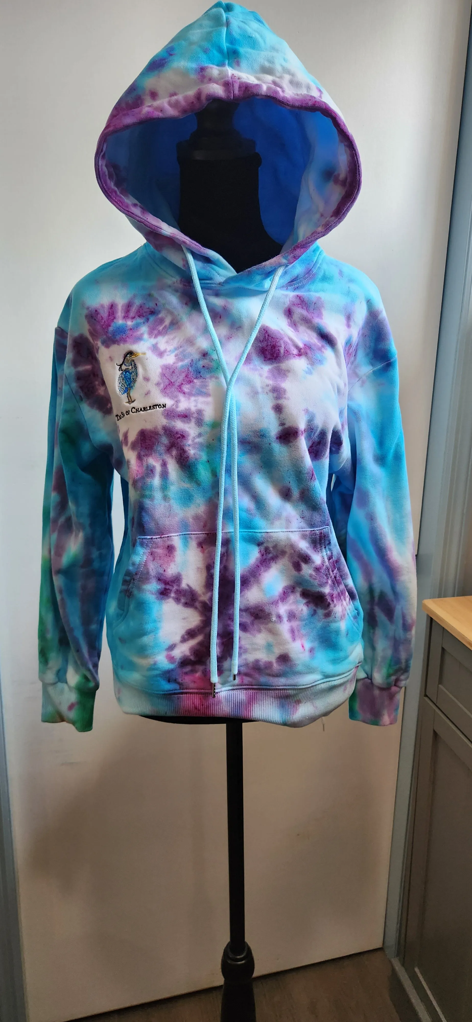 Tie Dye The Spa of Charleston Embroidered Blue Heron Logo Hoodie Women's Small